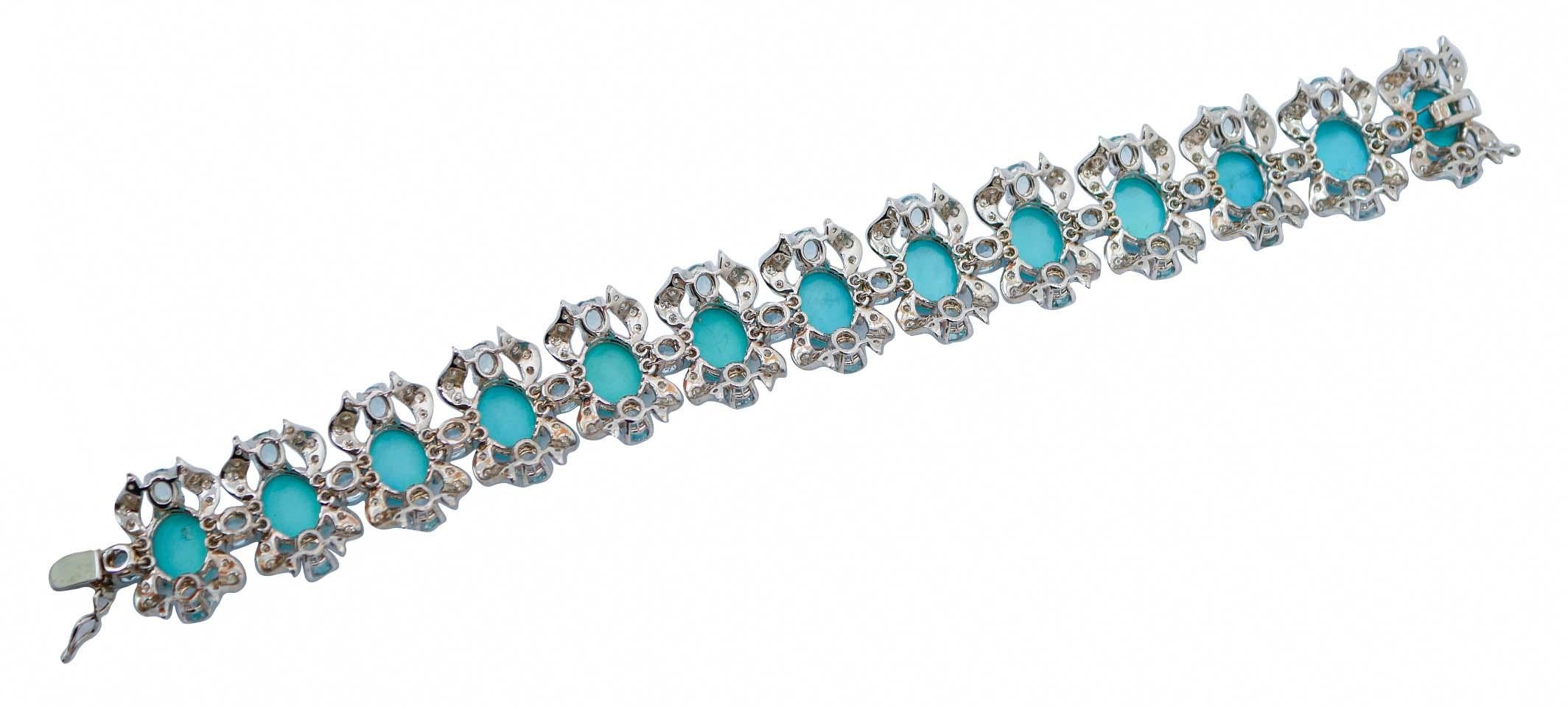 Retro Turquoise, Aquamarine, Diamonds, 14 Karat White Gold Bracelet. For Sale