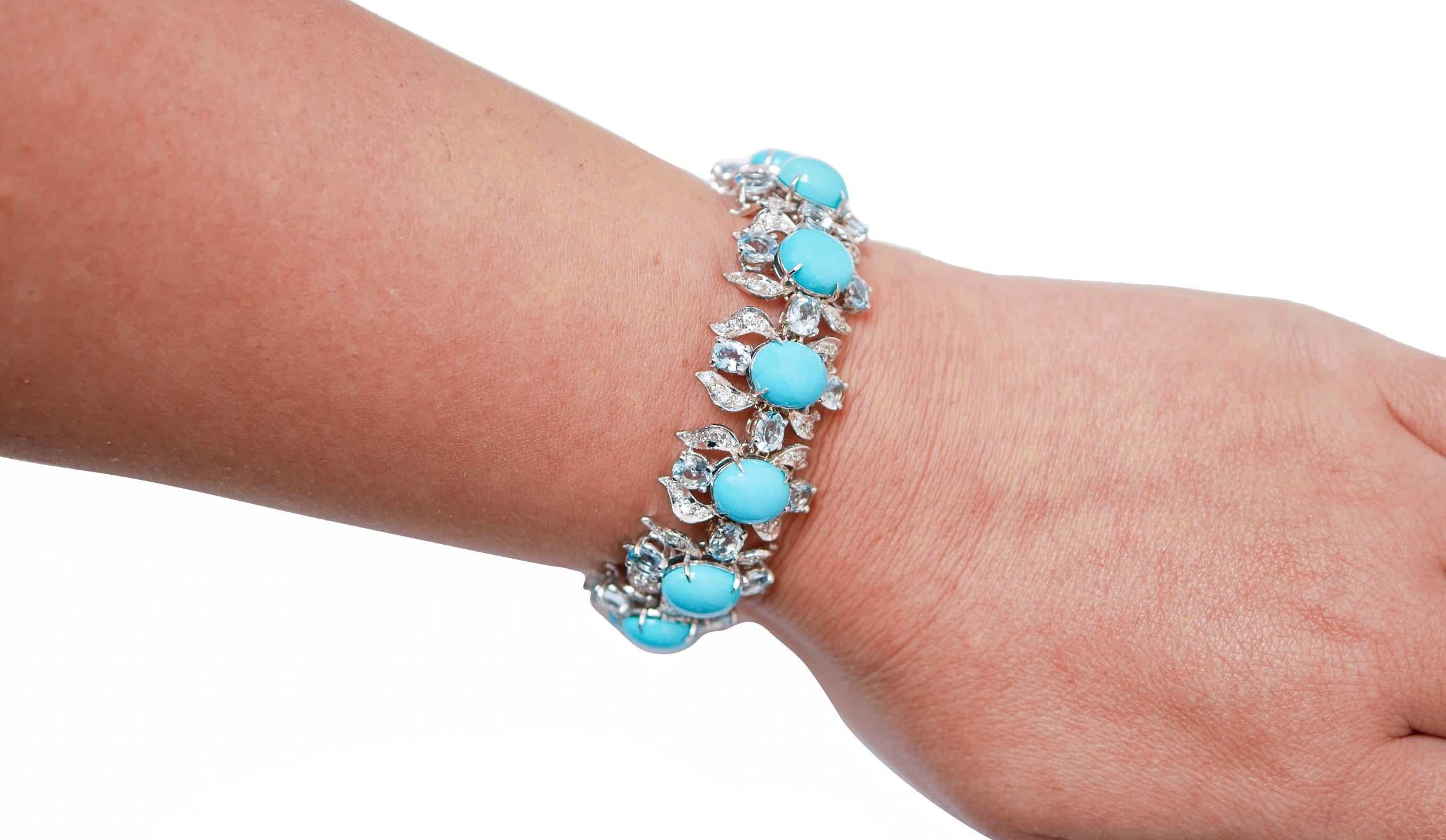 Turquoise, Aquamarine, Diamonds, 14 Karat White Gold Bracelet. In Good Condition For Sale In Marcianise, Marcianise (CE)