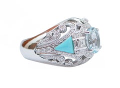 Turquoise, Aquamarine, Diamonds, 14 Karat White Gold Ring.