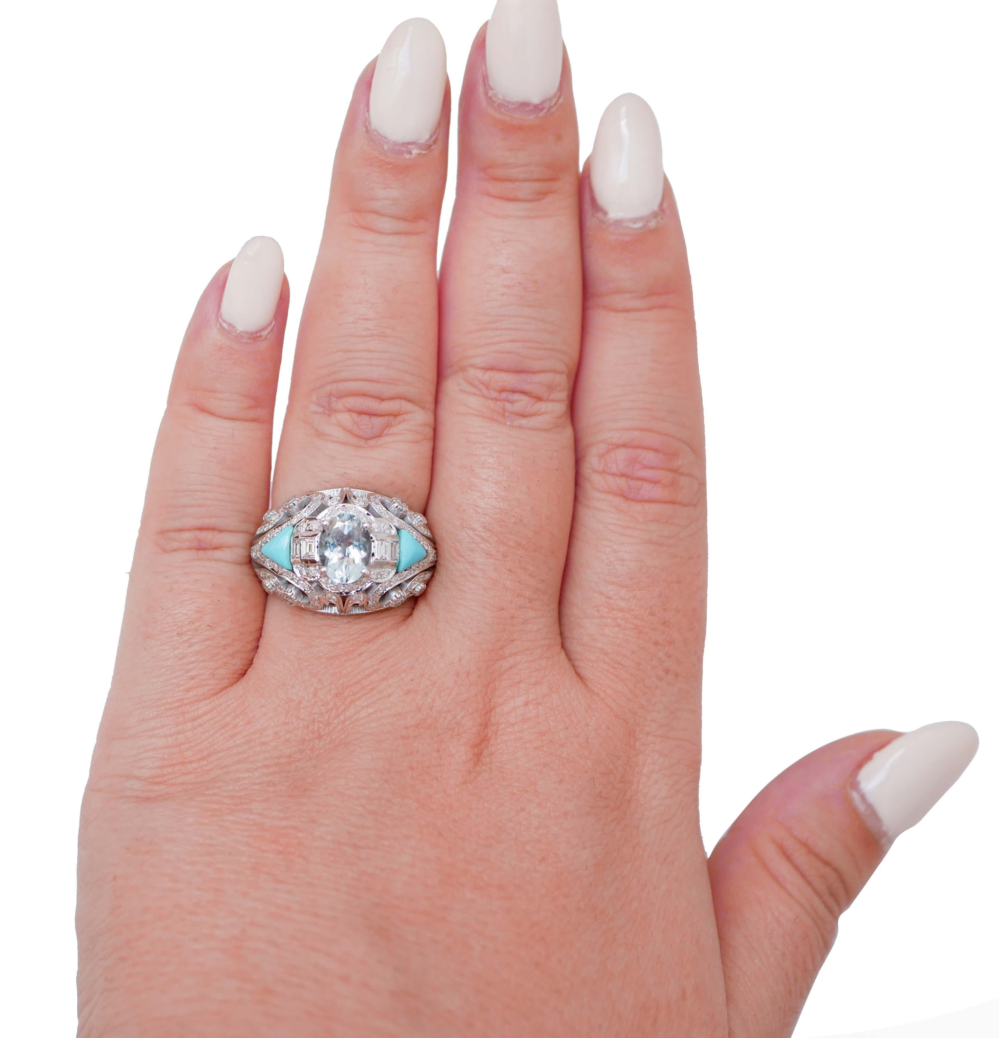 Mixed Cut Turquoise, Aquamarine, Diamonds, 14 Karat White Gold Ring. For Sale