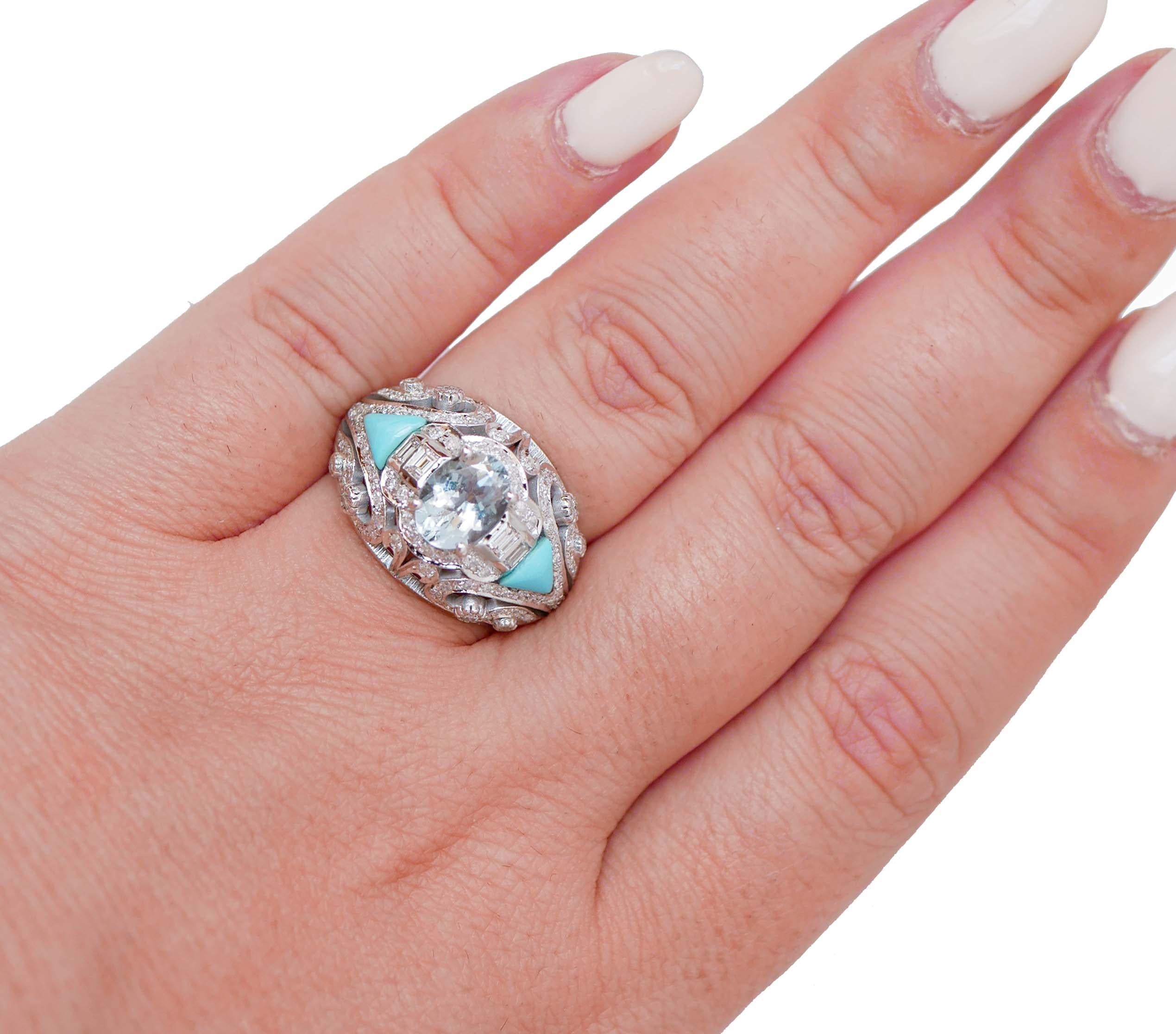 Turquoise, Aquamarine, Diamonds, 14 Karat White Gold Ring. In Good Condition For Sale In Marcianise, Marcianise (CE)