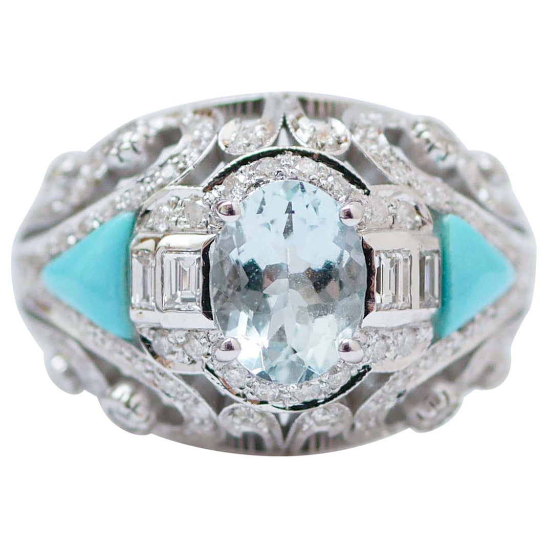 Turquesa, Aguamarina, Diamantes, Anillo de Oro Blanco de 14 Kilates.