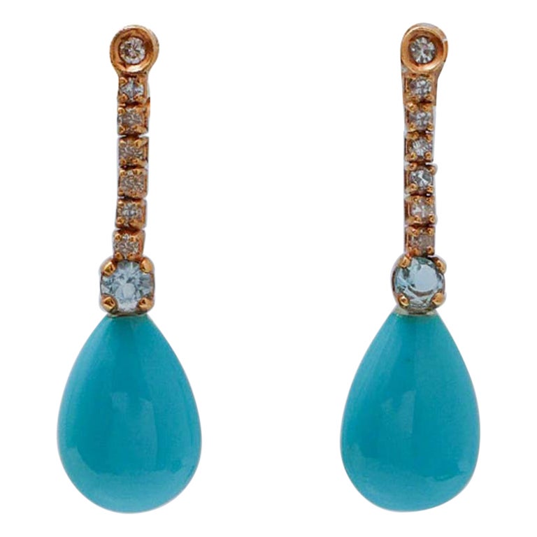 Turquoise, Aquamarine, Diamonds, 14 Kt Rose Gold Tennis Earrings.
