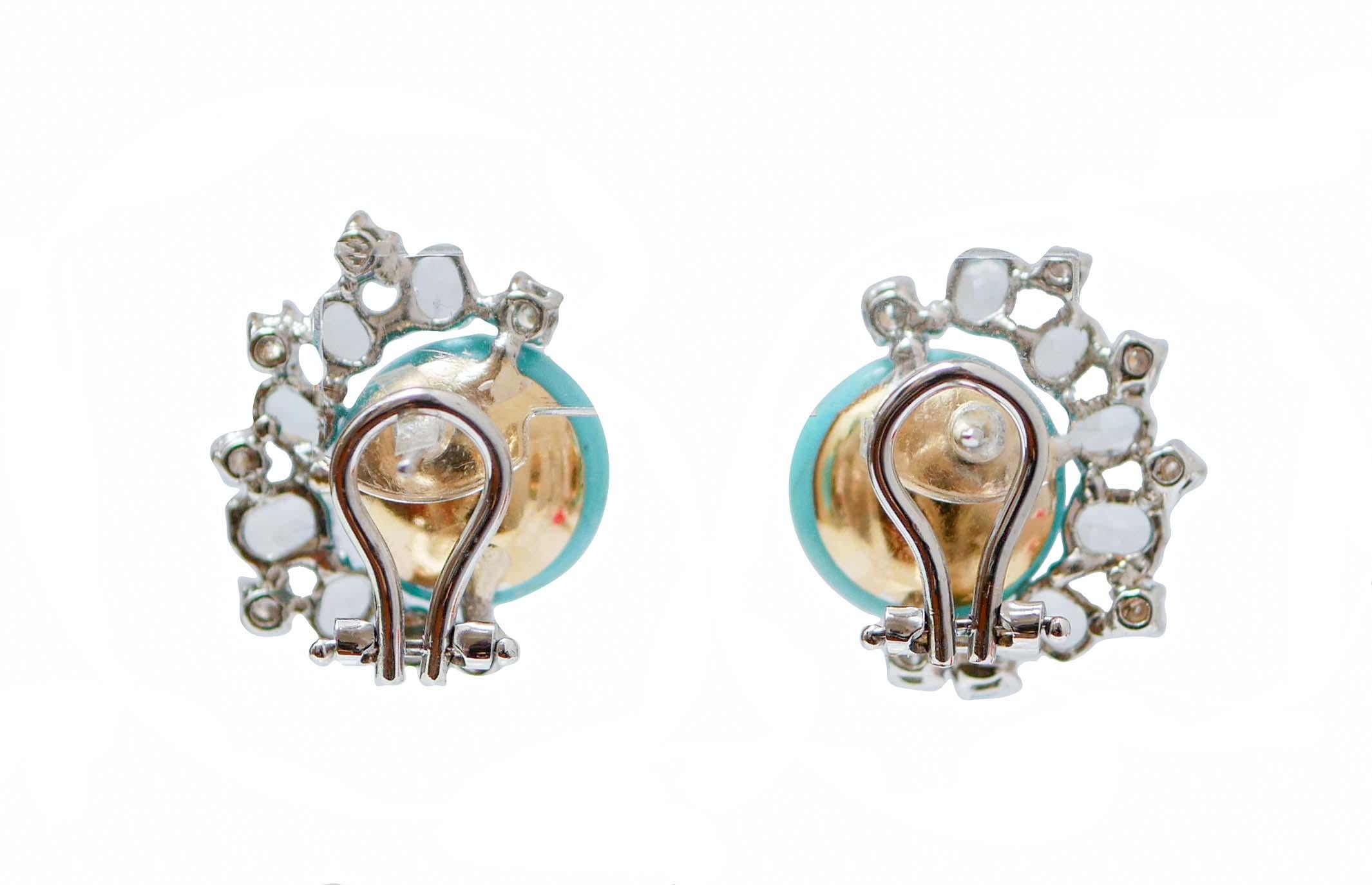 Retro Turquoise, Aquamarine, Diamonds, 18 Karat White Gold and Rose Gold Earrings. For Sale