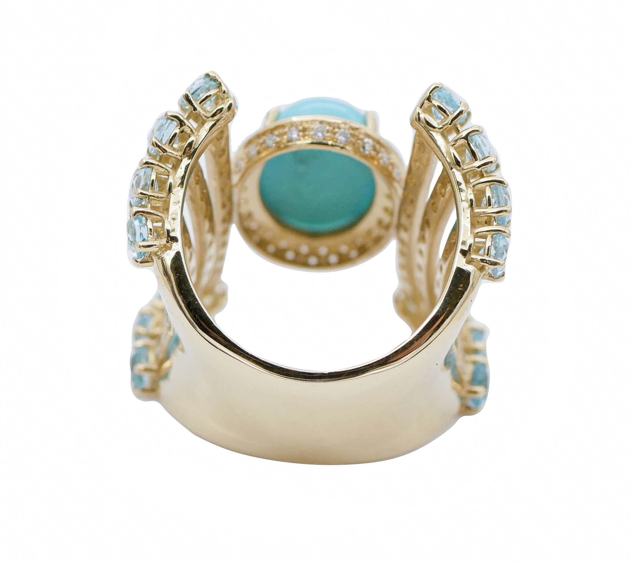 Retro Turquoise, Aquamarine, Diamonds, 18 Karat Yellow Gold Ring For Sale