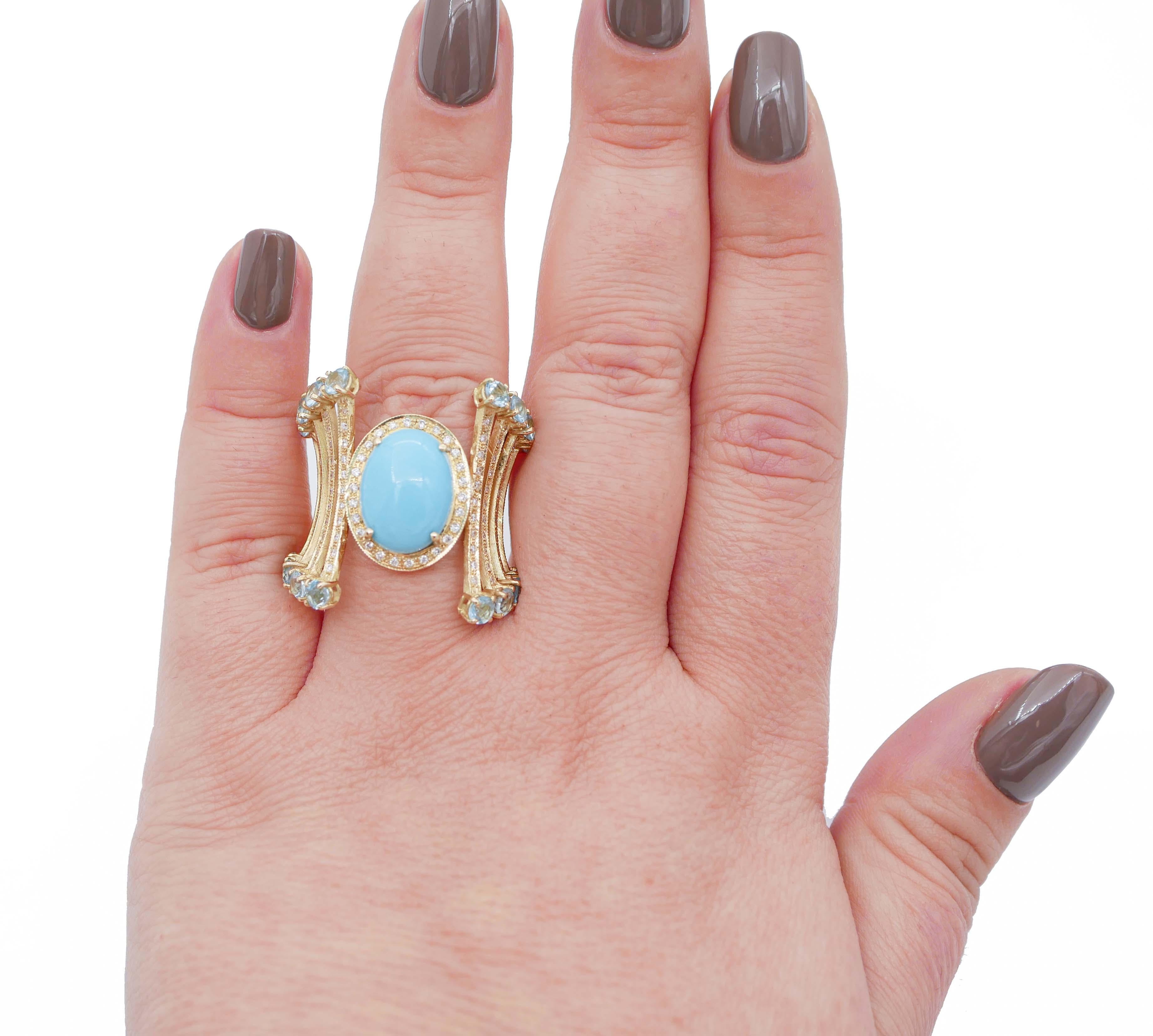 Mixed Cut Turquoise, Aquamarine, Diamonds, 18 Karat Yellow Gold Ring For Sale