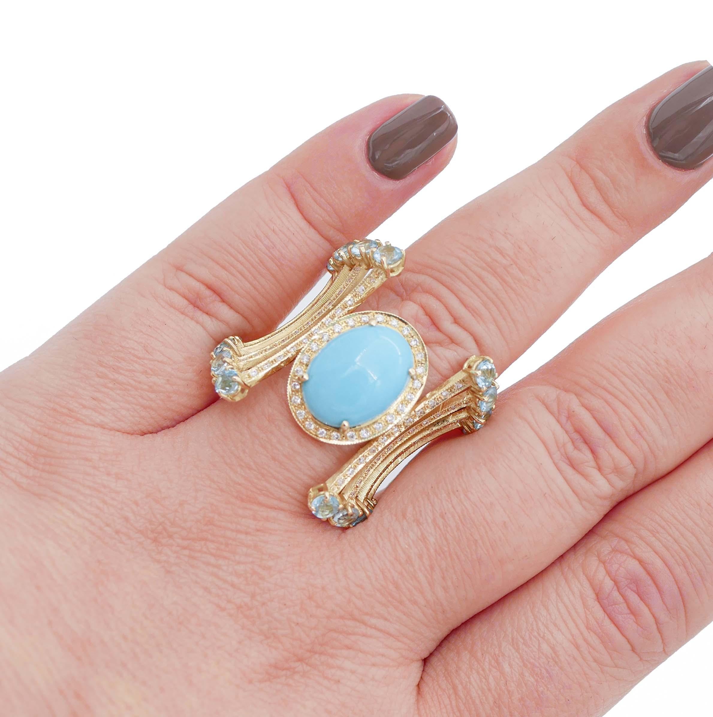 Turquoise, Aquamarine, Diamonds, 18 Karat Yellow Gold Ring In Good Condition For Sale In Marcianise, Marcianise (CE)