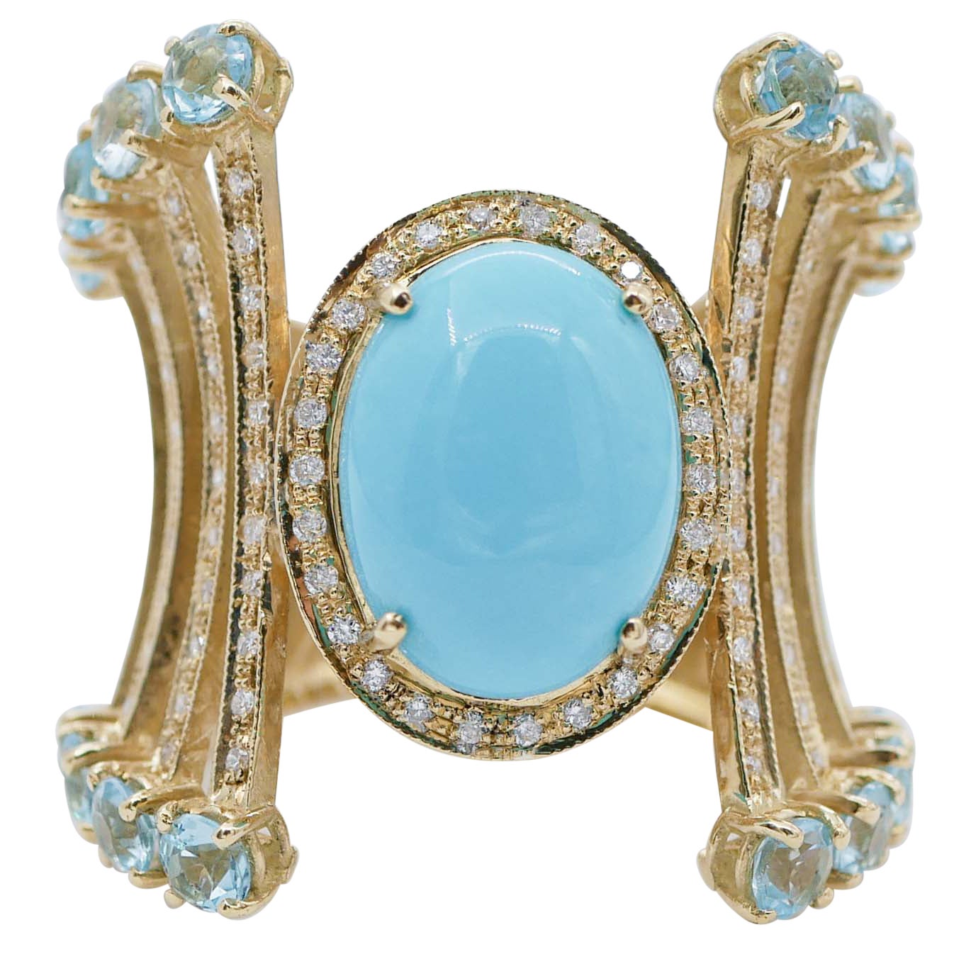Bague en or jaune 18 carats avec turquoise, aigue-marine et diamants en vente
