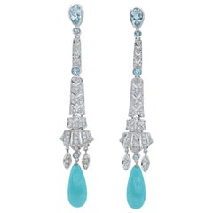 Türkis, Aquamarine, Diamanten, Platin-Ohrhänger.