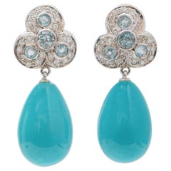 Vintage Turquoise, Aquamarine, Diamonds, Platinum Dangle Earrings.