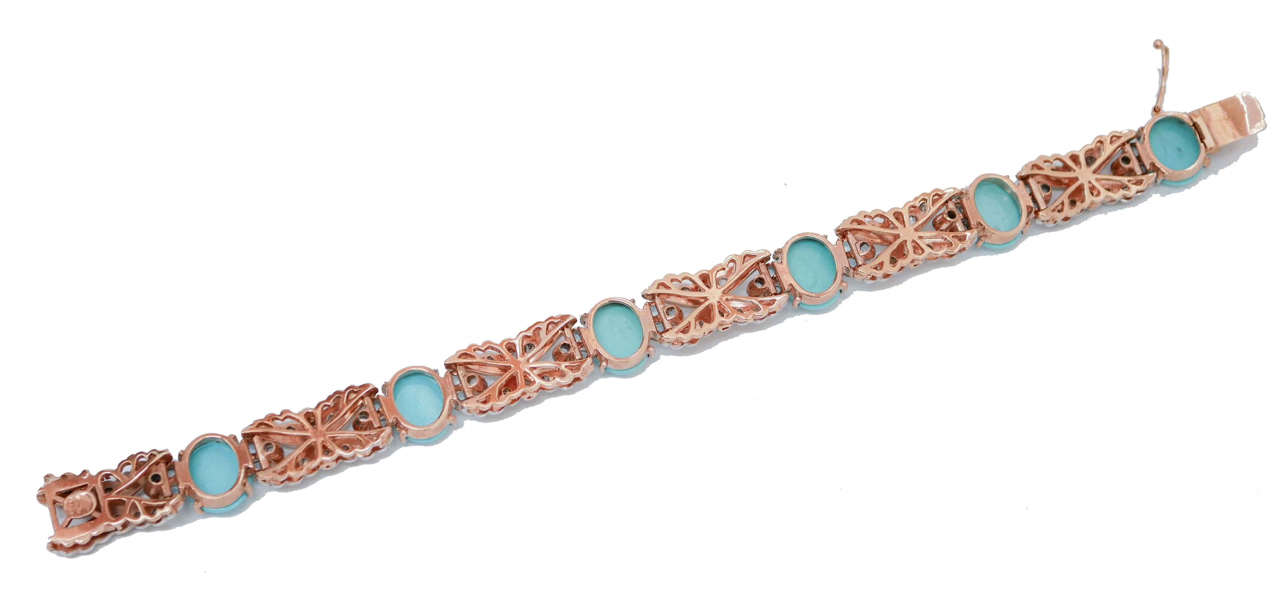 Retro Turquoise, Aquamarine, Diamonds, Rose Gold and Silver Bracelet. For Sale