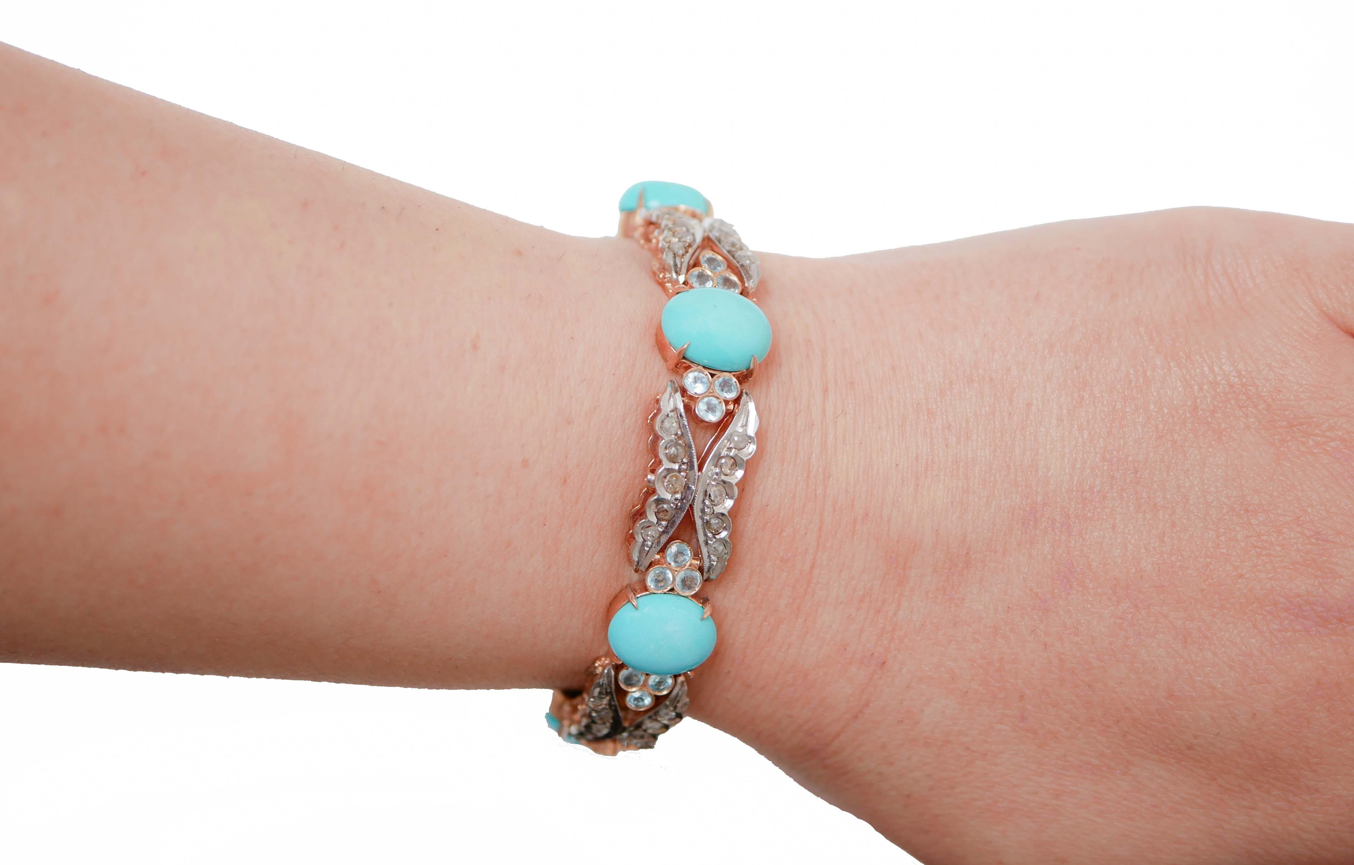 Mixed Cut Turquoise, Aquamarine, Diamonds, Rose Gold and Silver Bracelet. For Sale