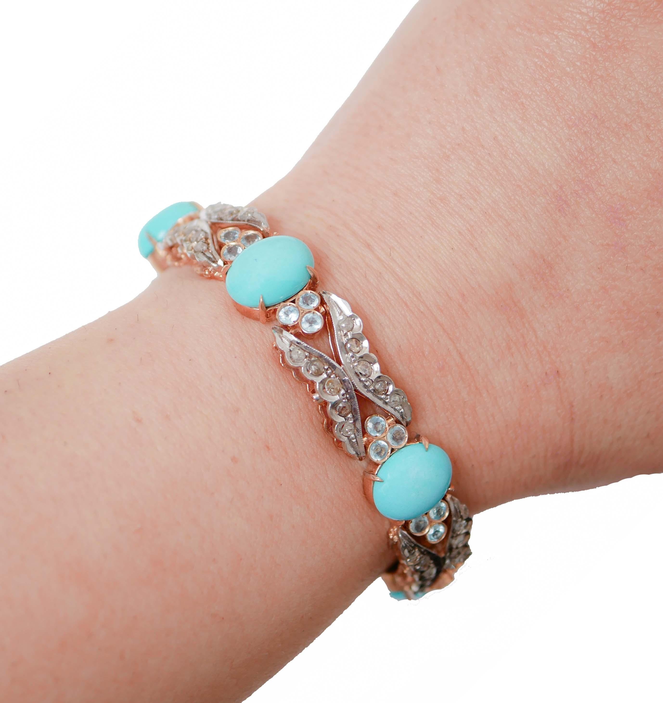 Turquoise, Aquamarine, Diamonds, Rose Gold and Silver Bracelet. In Good Condition For Sale In Marcianise, Marcianise (CE)