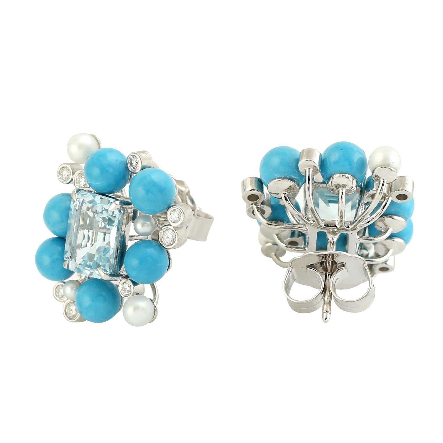 Art déco Boucles d'oreilles en or blanc 14k avec turquoise et aigue-marine en vente