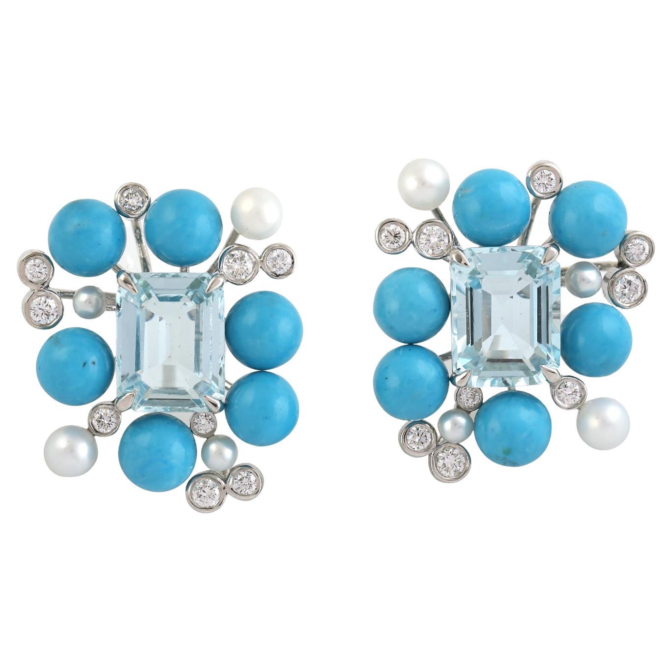 Turquoise & Aquamarine Minimal Studs Made In 14k White Gold