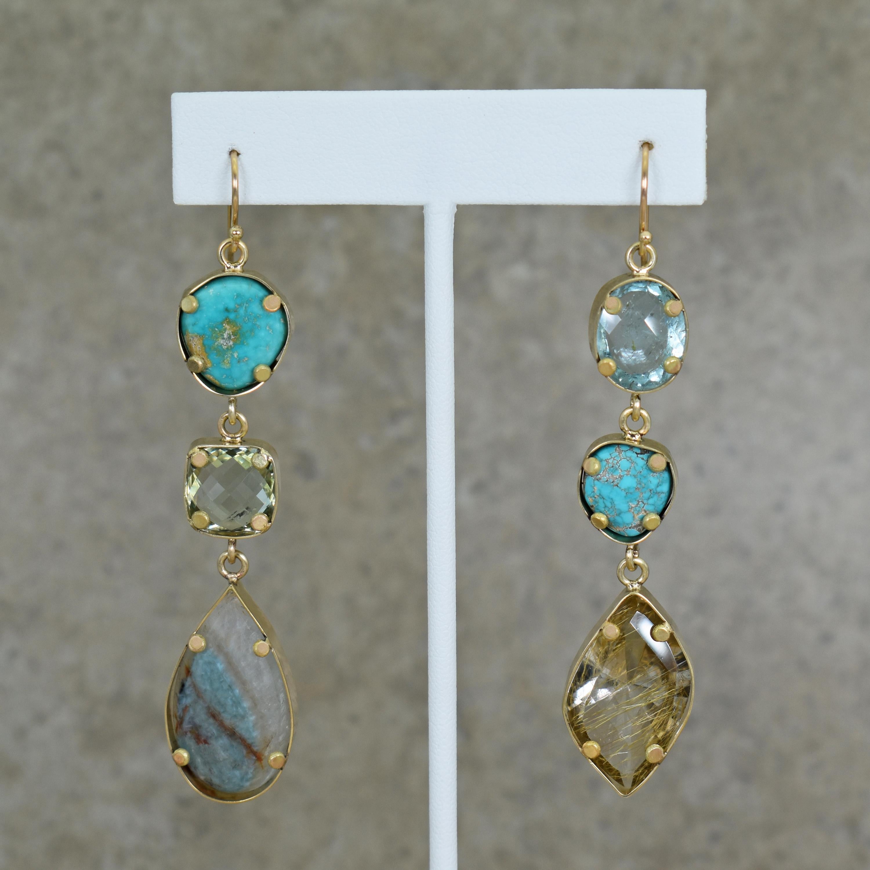 Blue Gem Turquoise, Lemon Quartz, Raw Paraiba Tourmaline, Aquamarine, and Rutilated Quartz 18 karat yellow gold asymmetrical dangle earrings. Dangle earrings are 3.13 inches in length. Unique and gorgeous mix of gemstones in these contemporary