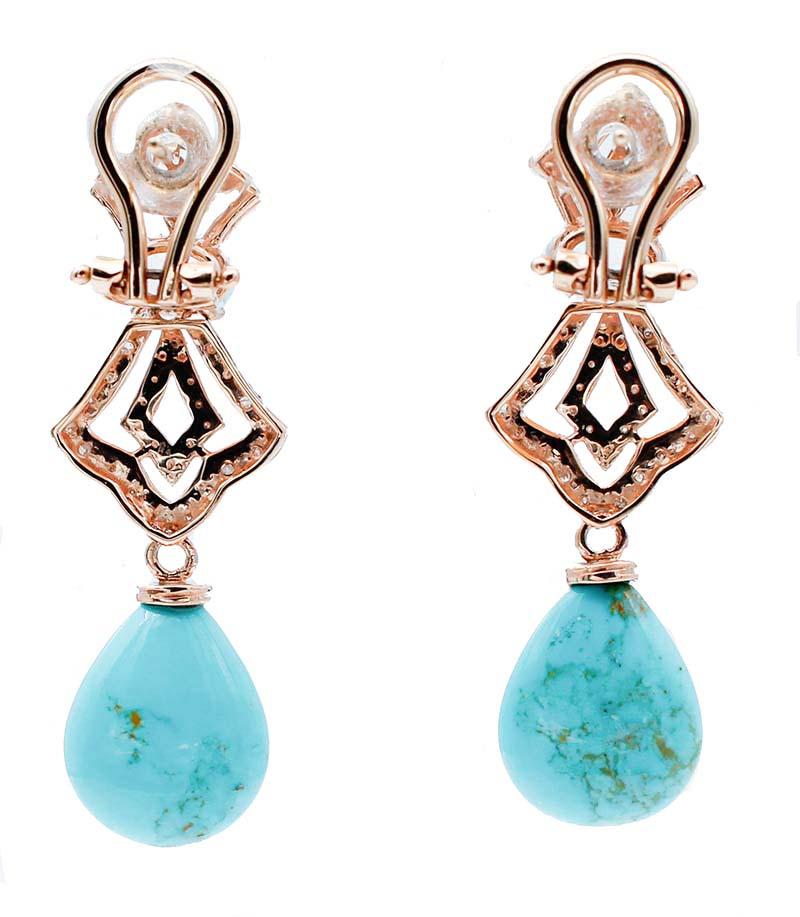 Trkis, Aquamarin, Diamanten, 14 Karat Rosgold Ohrhnger (Retro)