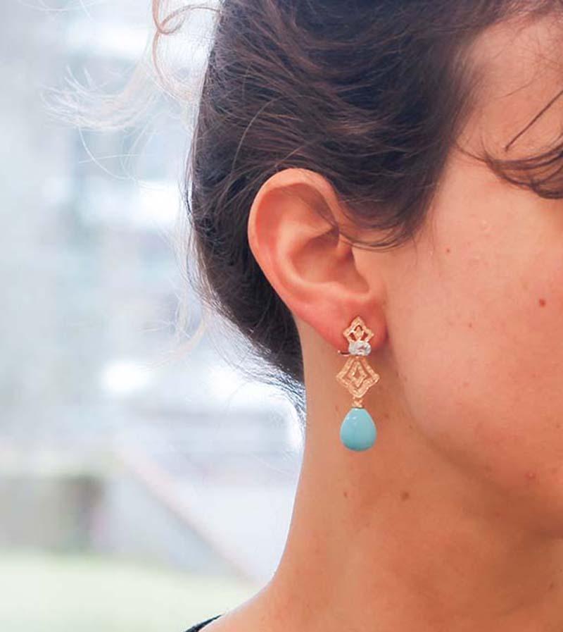 Trkis, Aquamarin, Diamanten, 14 Karat Rosgold Ohrhnger im Zustand „Gut“ in Marcianise, Marcianise (CE)