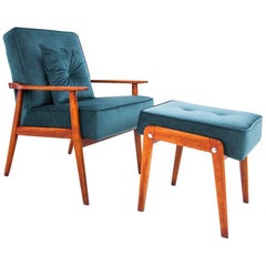 Turquoise Armchair with Footrest, Poland, 1960s
