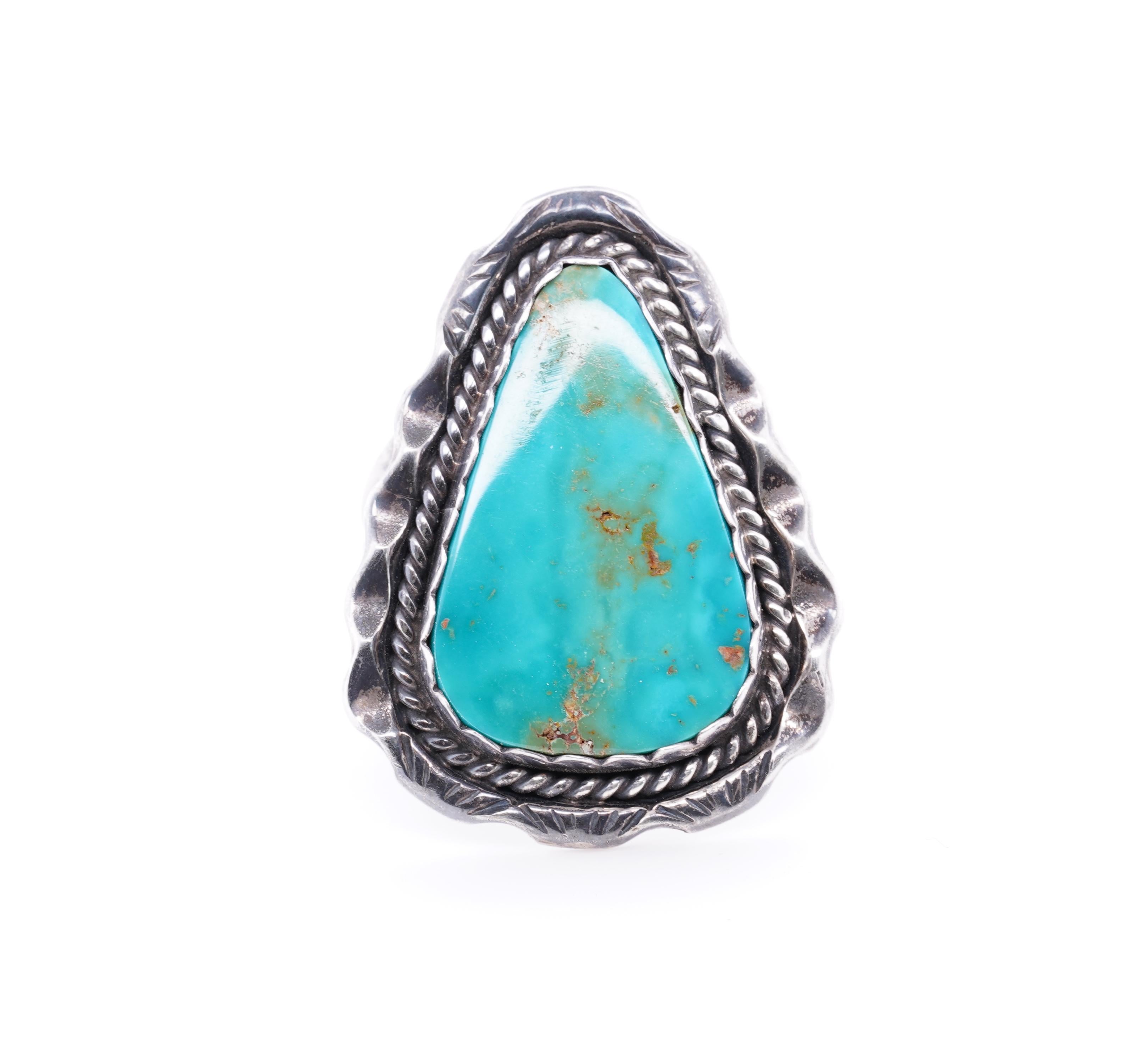 Trapezoid Cut Turquoise Arrowhead Shaped Smooth Cabochon Textured Statement Sterling Ring