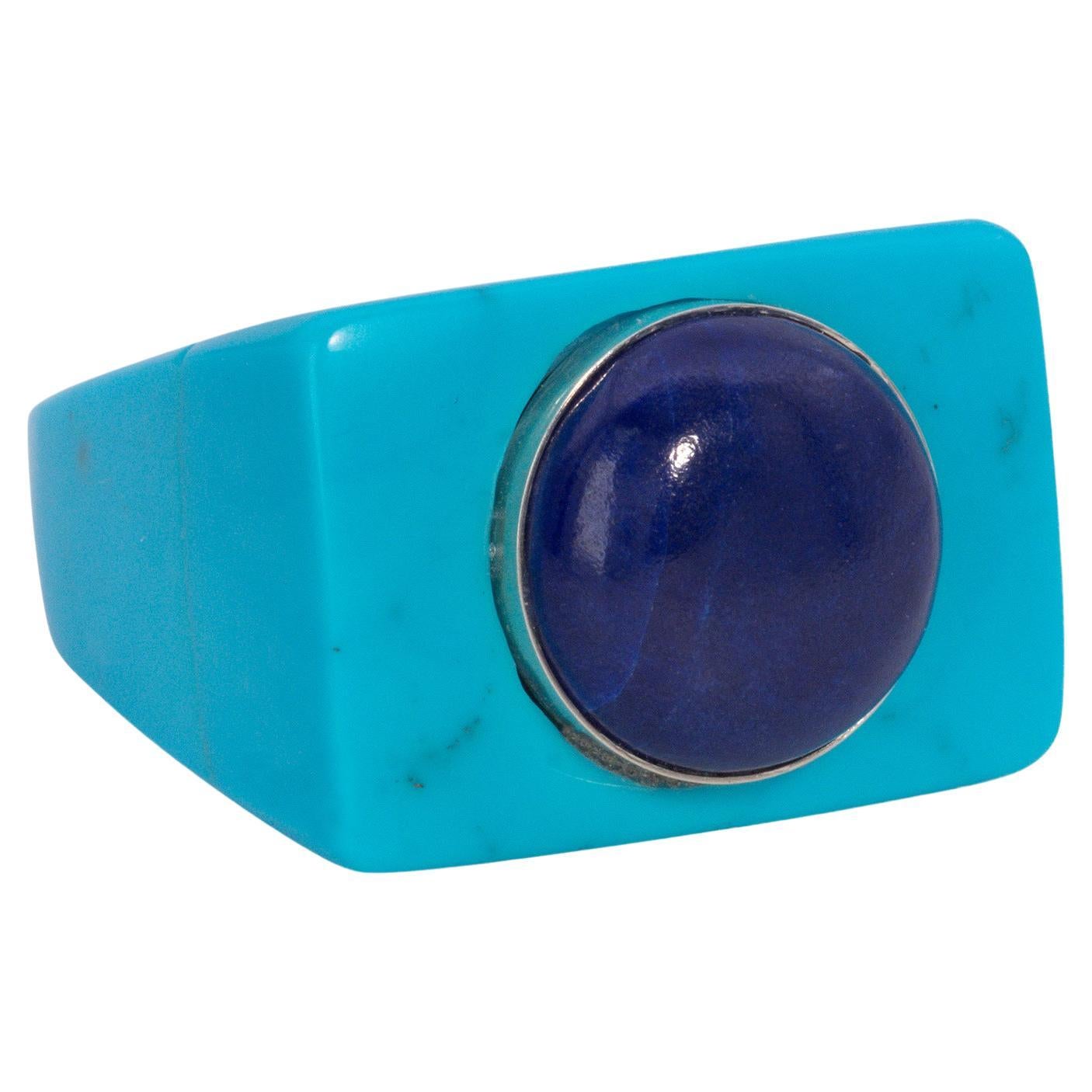 Bague Art déco contemporaine en lapis-lazuli sertie d'une grande pierre turquoise en vente