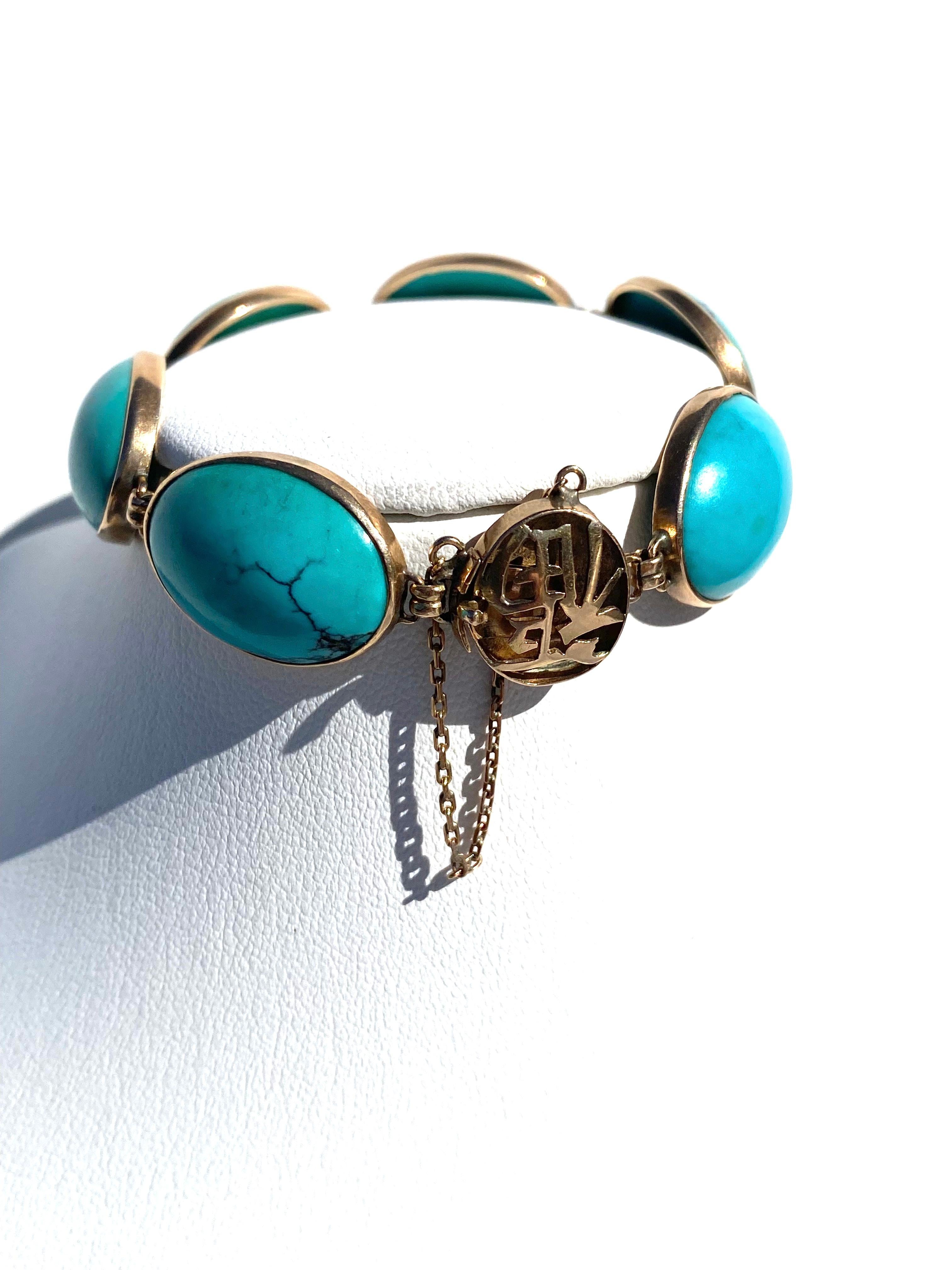 Oval Cut 14k Turquoise Persian Link Bracelet Yellow Gold