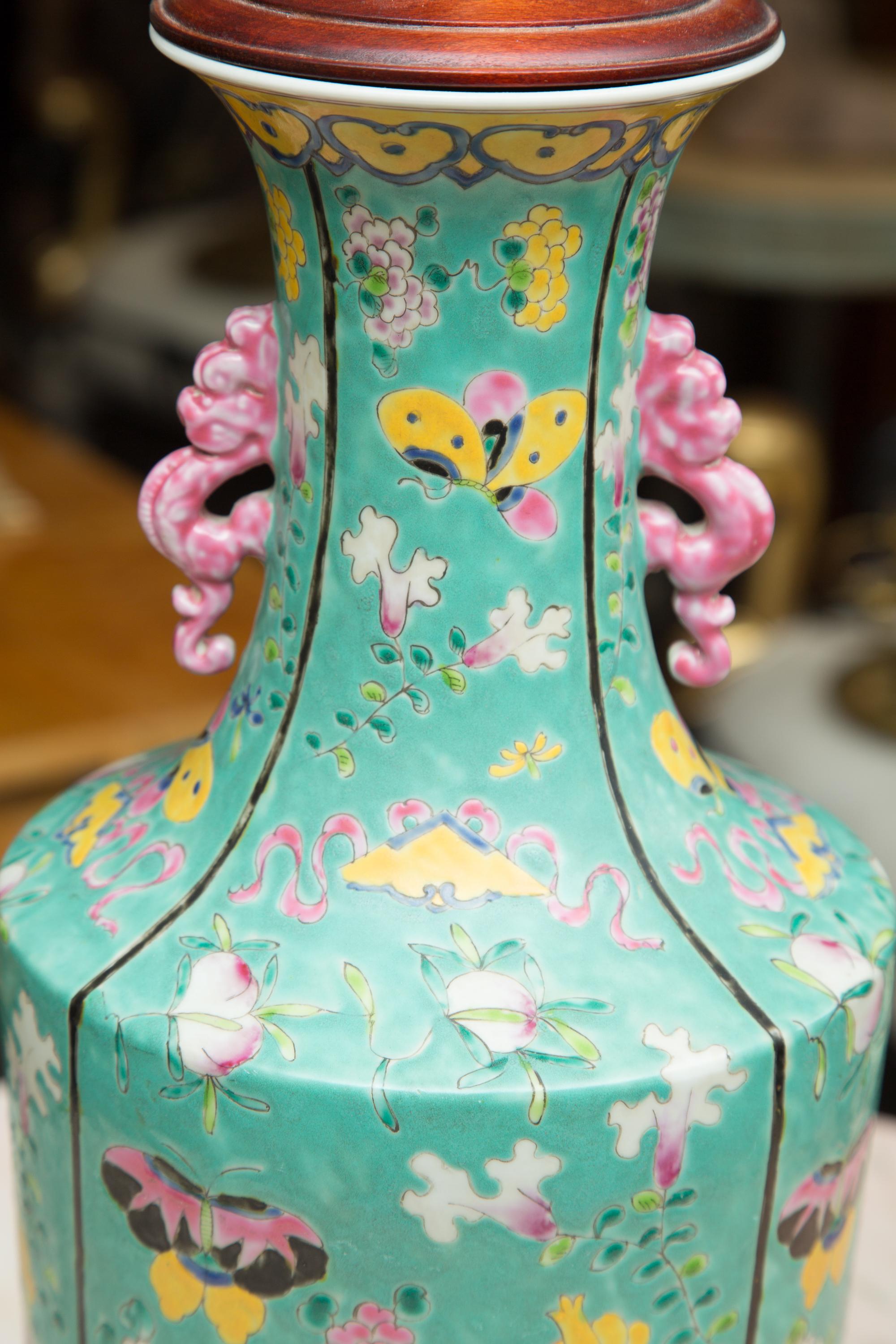 Chinese Export Turquoise Asian Vase as a Table Lamp