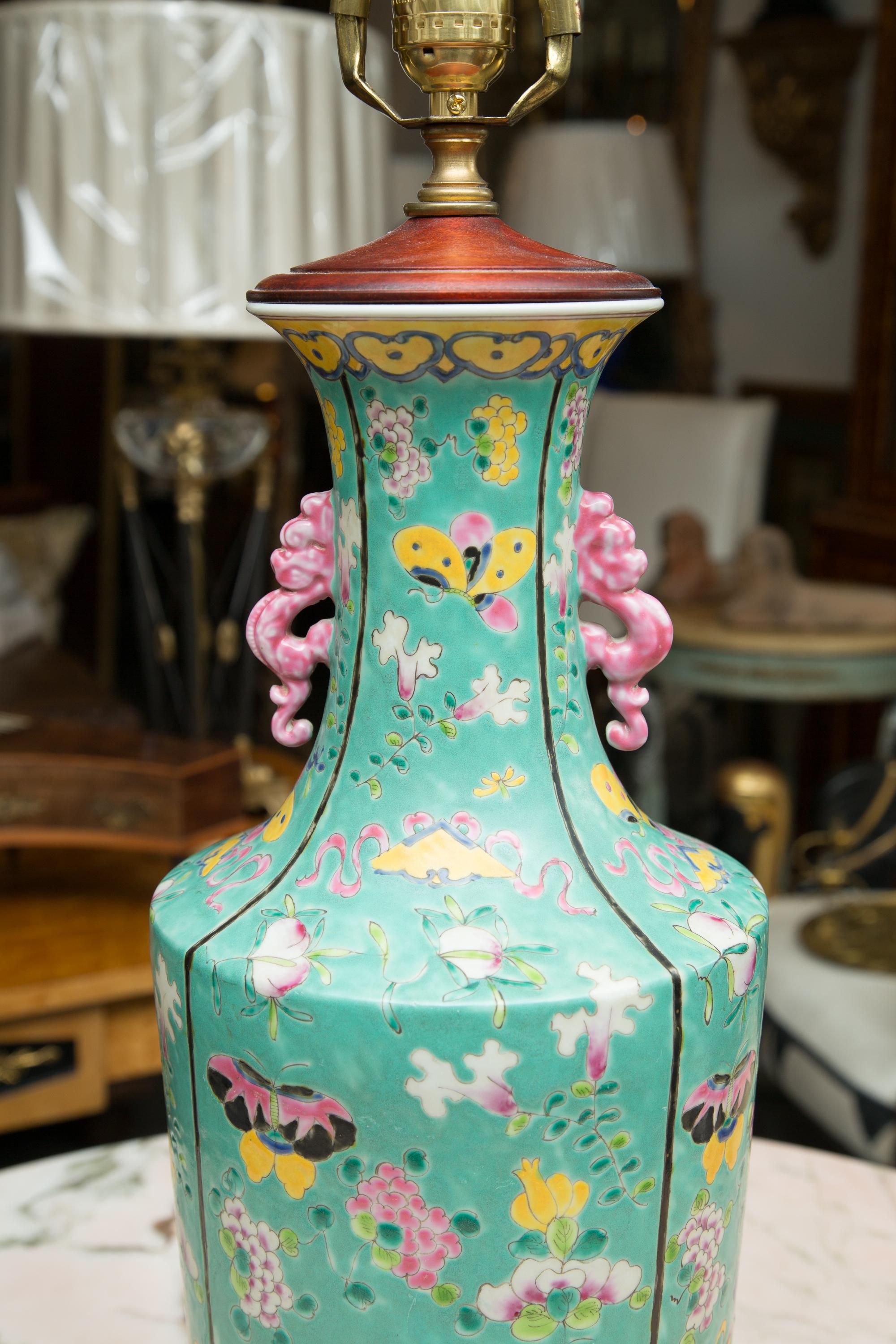 Hand-Crafted Turquoise Asian Vase as a Table Lamp