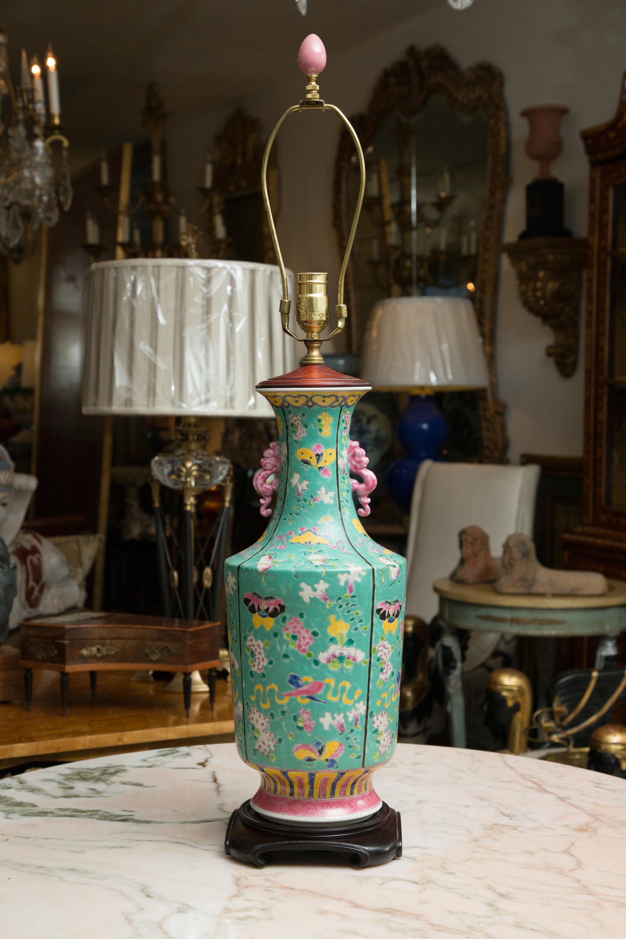 Turquoise Asian Vase as a Table Lamp In Good Condition In WEST PALM BEACH, FL