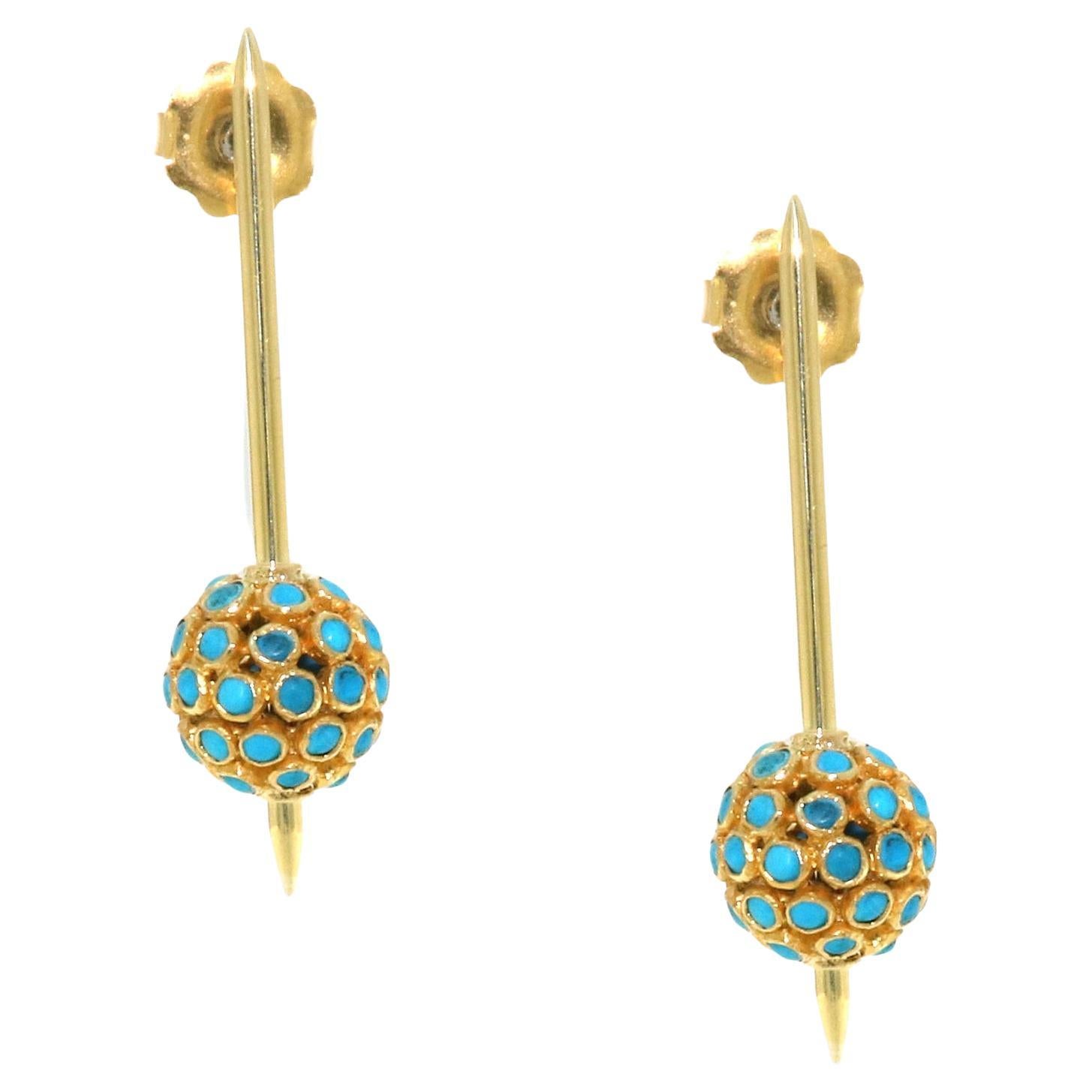 Boucles d'oreilles pendantes boule en or et turquoise