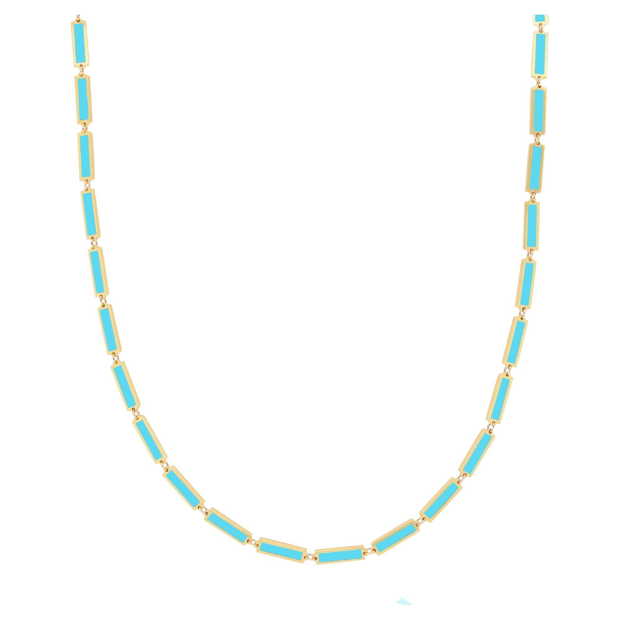 Turquoise Bar Chain Necklace 14K Yellow Gold Italian Flat Inlay  For Sale