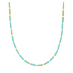 Turquoise Bar Chain Necklace 14K Yellow Gold Italian Flat Inlay 