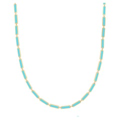 Turquoise Bar Chain Necklace 14K Yellow Gold Italian Flat Inlay