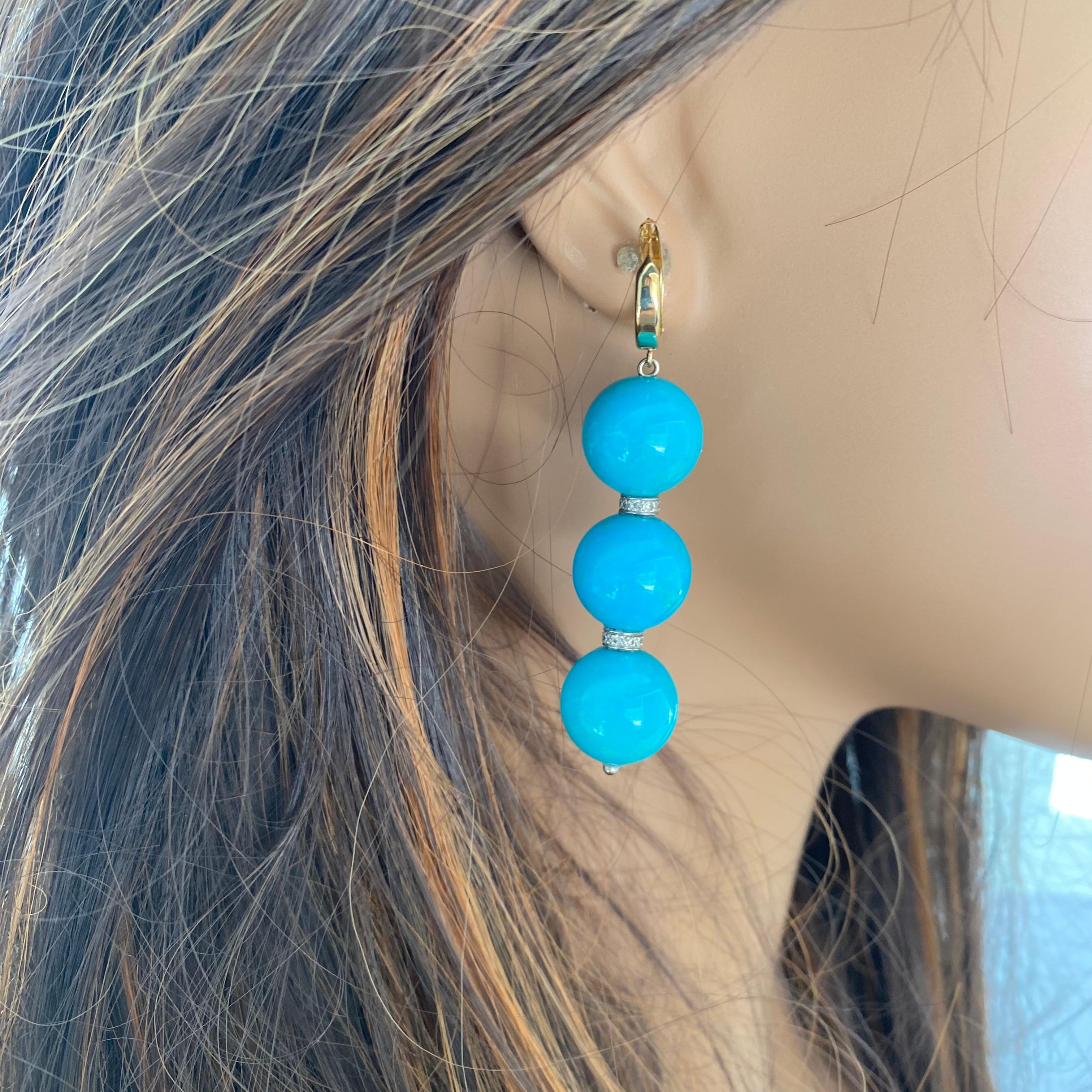 Women's Turquoise Bead 15 Millimeter Diamond 0.45 Carat Gold 2.45 Inch  Hoop Earrings  For Sale