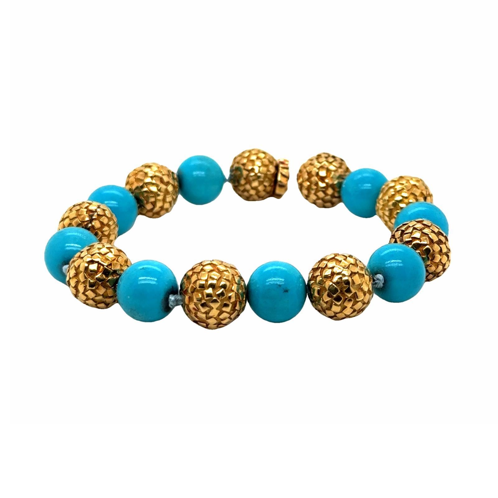 Modern Turquoise Bead 18 Karat Textured Yellow Gold Bead Vintage Bracelet For Sale