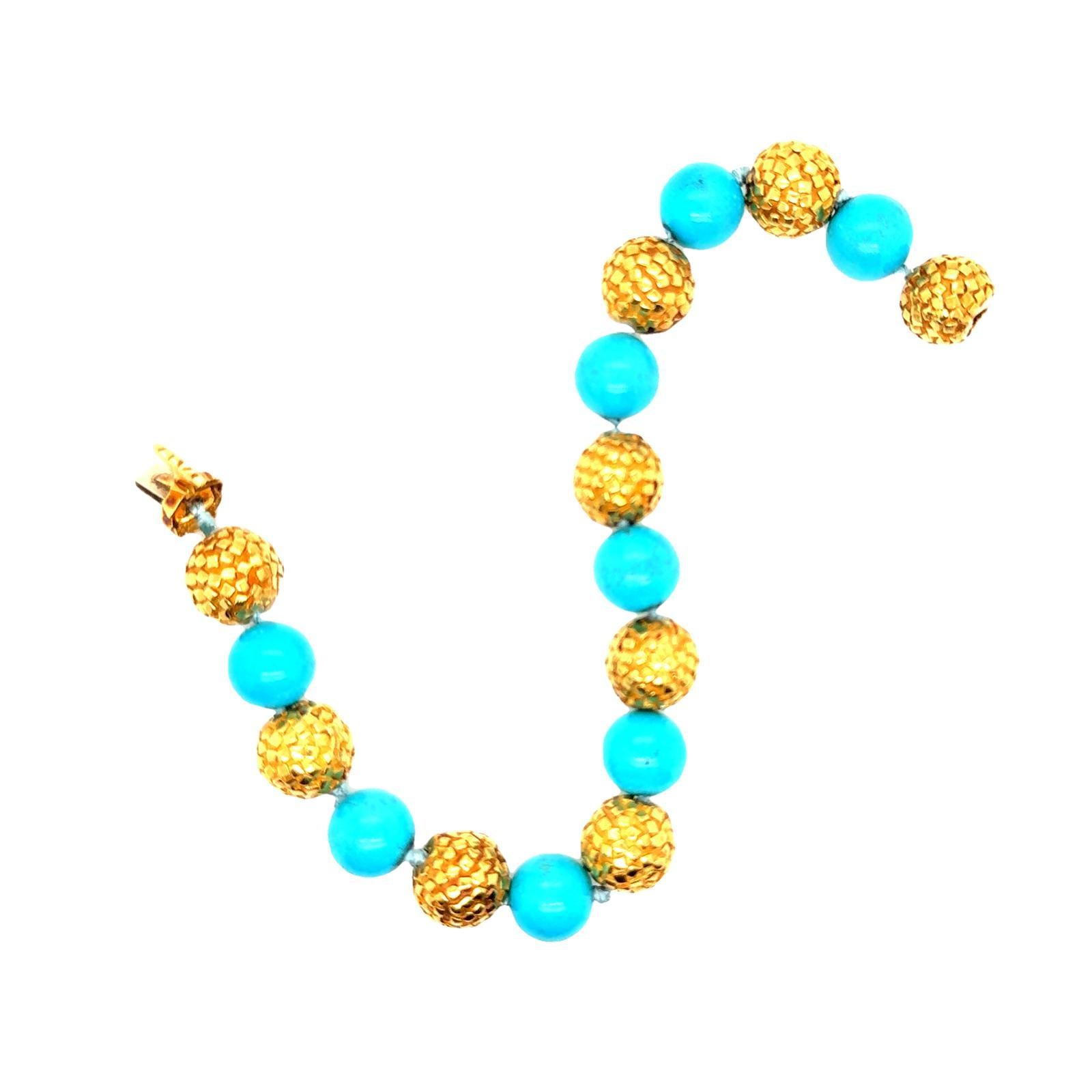 Women's Turquoise Bead 18 Karat Textured Yellow Gold Bead Vintage Bracelet For Sale