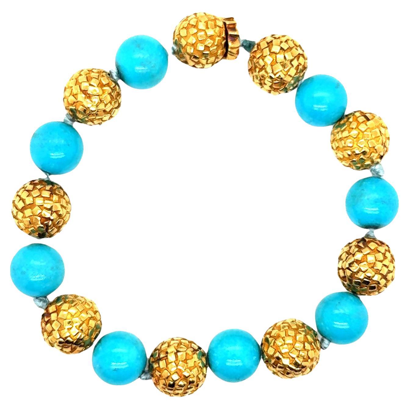 Turquoise Bead 18 Karat Textured Yellow Gold Bead Vintage Bracelet