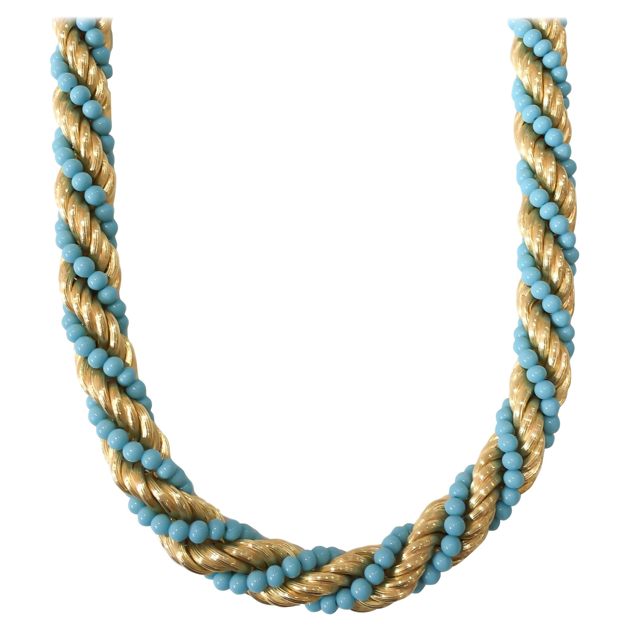 Turquoise Bead 18 Karat Yellow Gold Twist Necklace