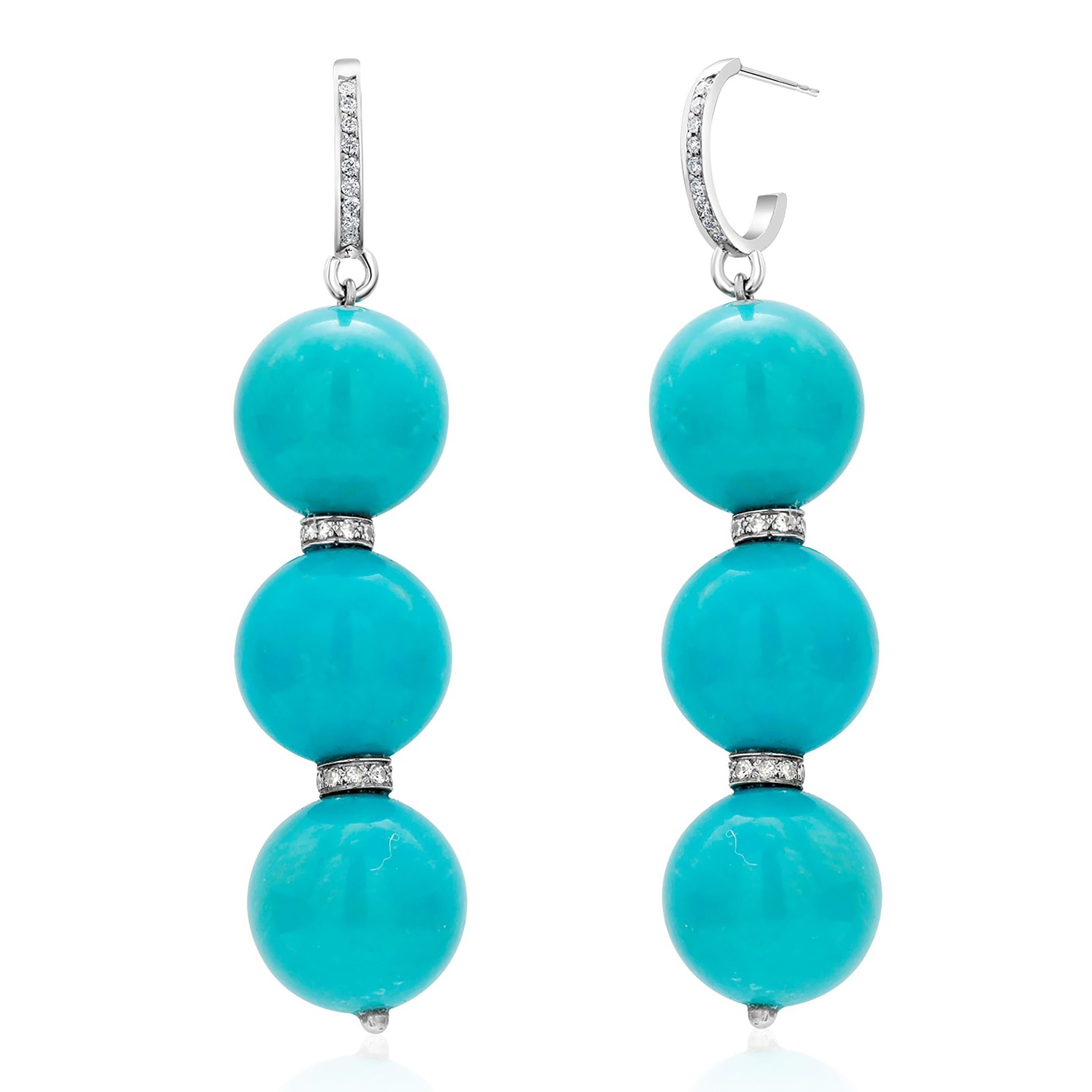 Contemporary White Gold Turquoise Bead Hoop Earrings with Diamond Rondels 2.25 Inch Long