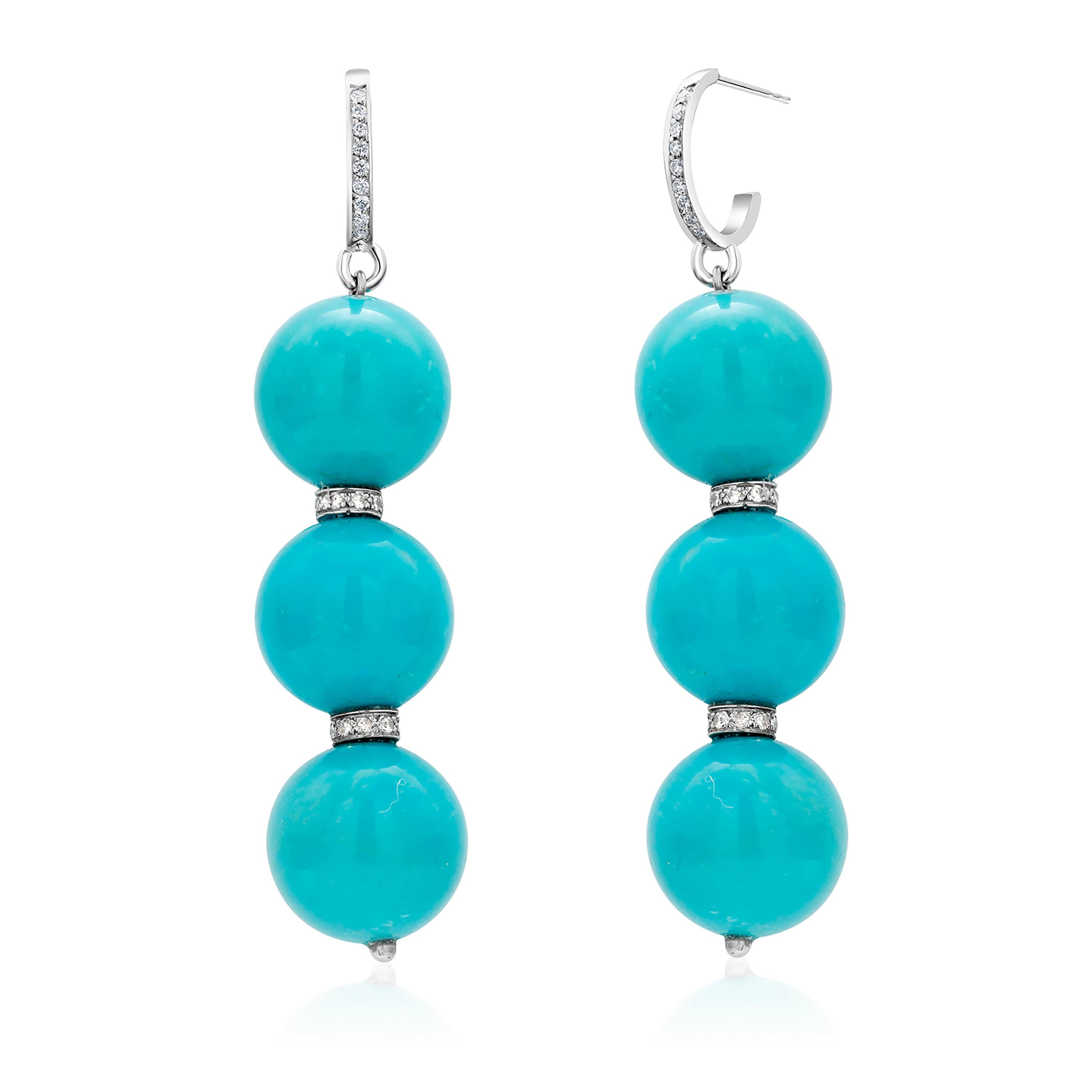 Women's or Men's White Gold Turquoise Bead Hoop Earrings with Diamond Rondels 2.25 Inch Long