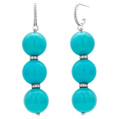 Turquoise Bead and Diamond Rondels  2.25 Inch Drop Hoop Earrings 