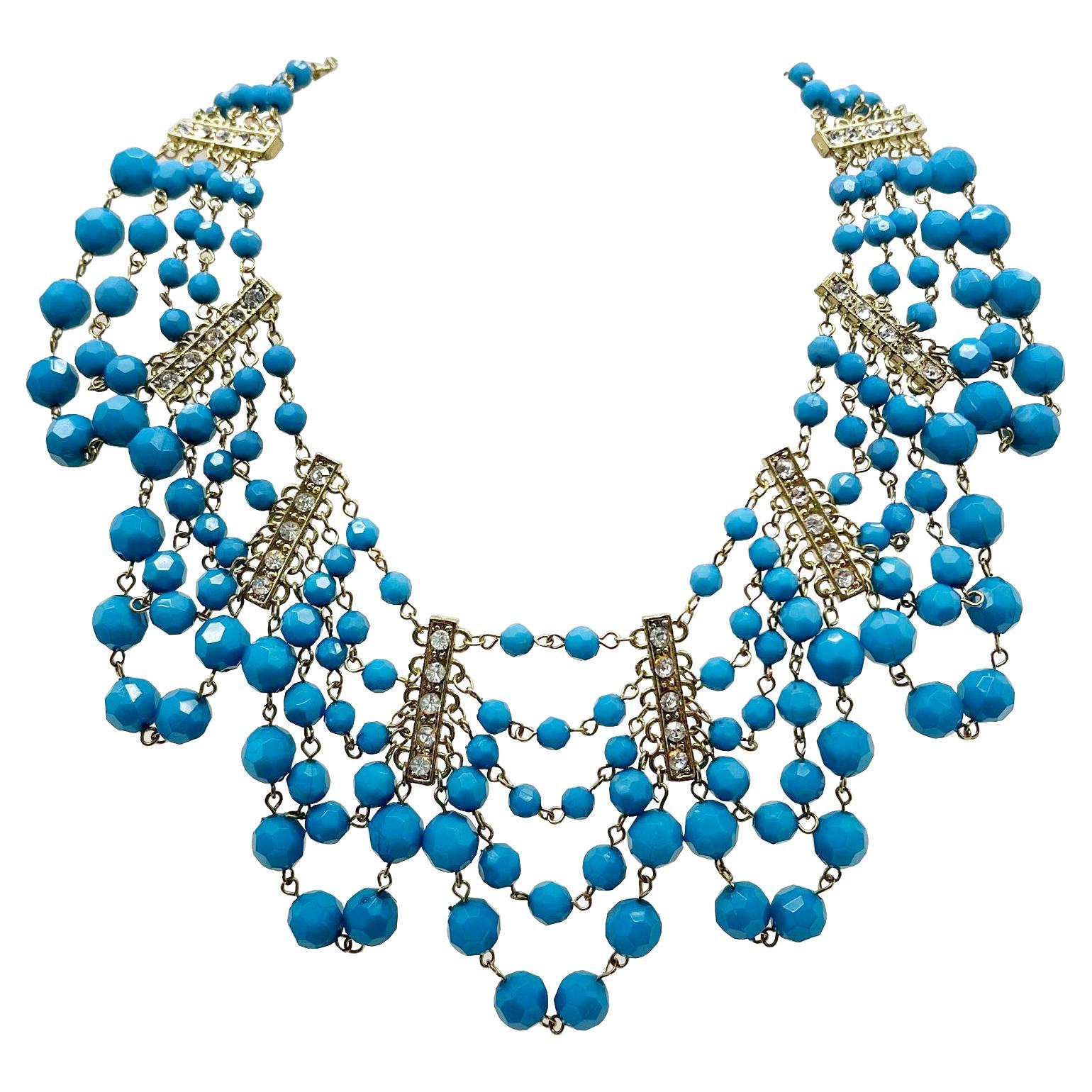 Turquoise Bead & Crystal Festoon Collar 2000s For Sale