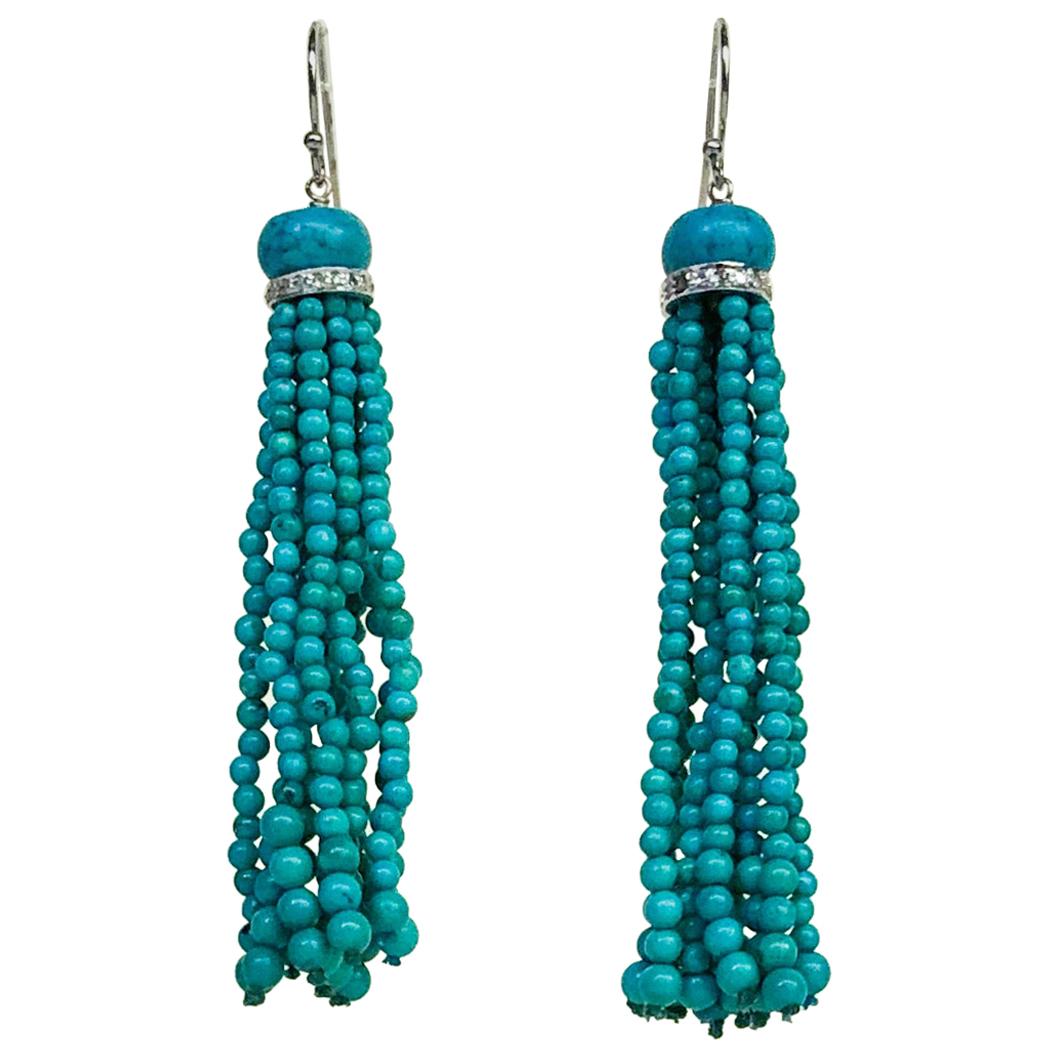 Marina J Turquoise Beads Dangle Tassel Earrings with Diamonds and White Gold 