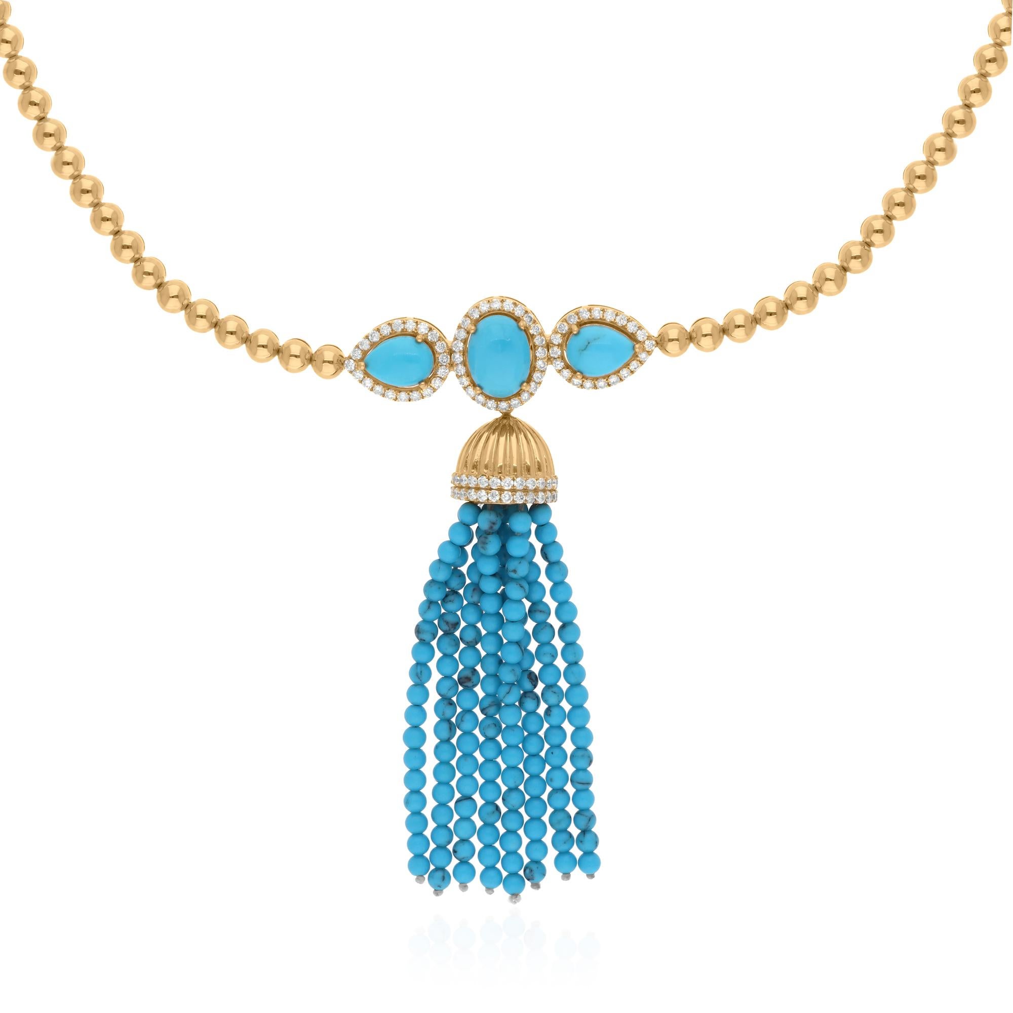 Cast from 18-karat gold, these exquisite necklace is handset with 12.47 carats Turquoise and 0.65 carats of sparkling diamonds.

FOLLOW SPECTRUM JEWELS storefront to view the latest collection & exclusive pieces. Spectrum Jewels is proudly rated as