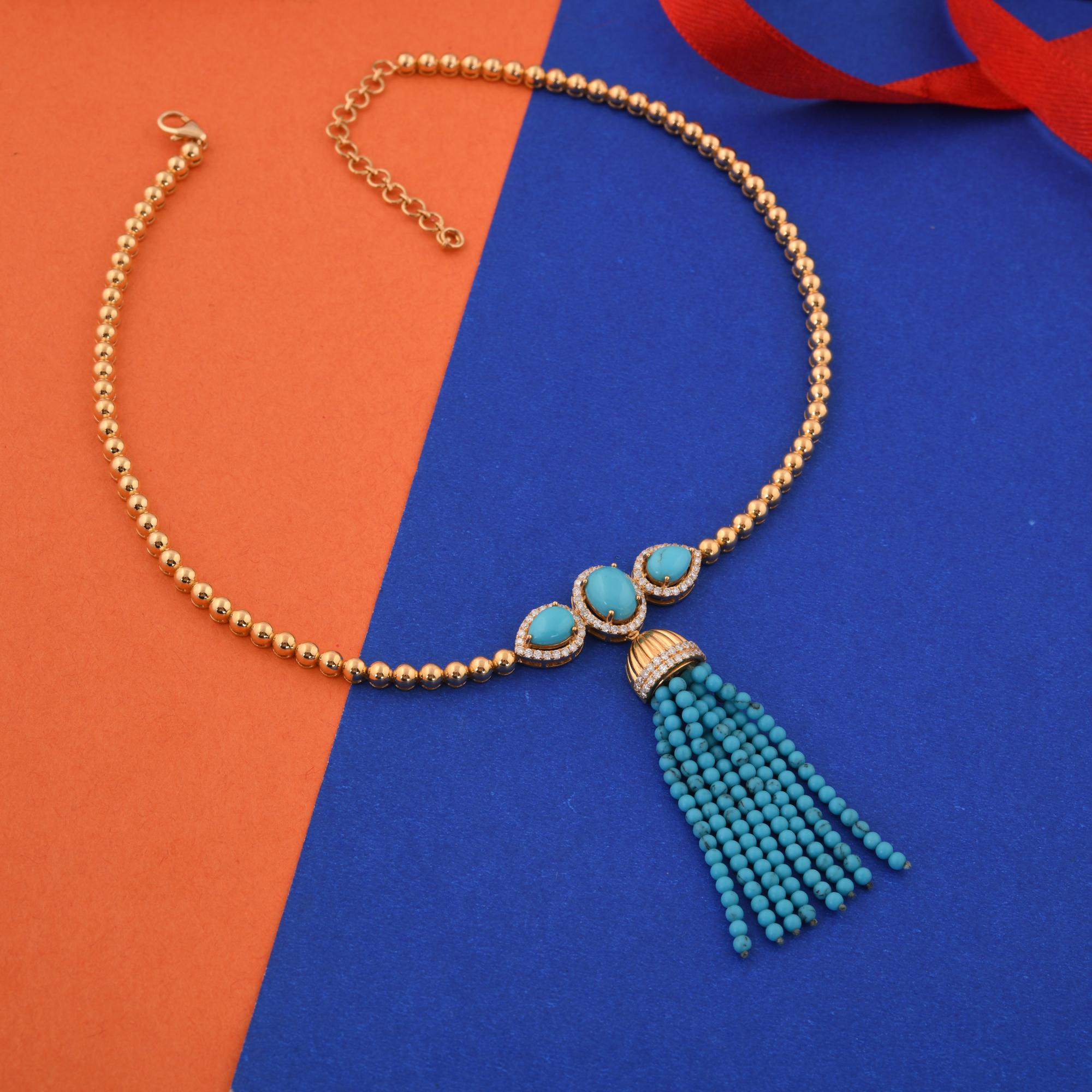 Pear Cut Arizona Turquoise Bead Tassel Pendant Necklace SI/H Diamond 18 Karat Yellow Gold For Sale