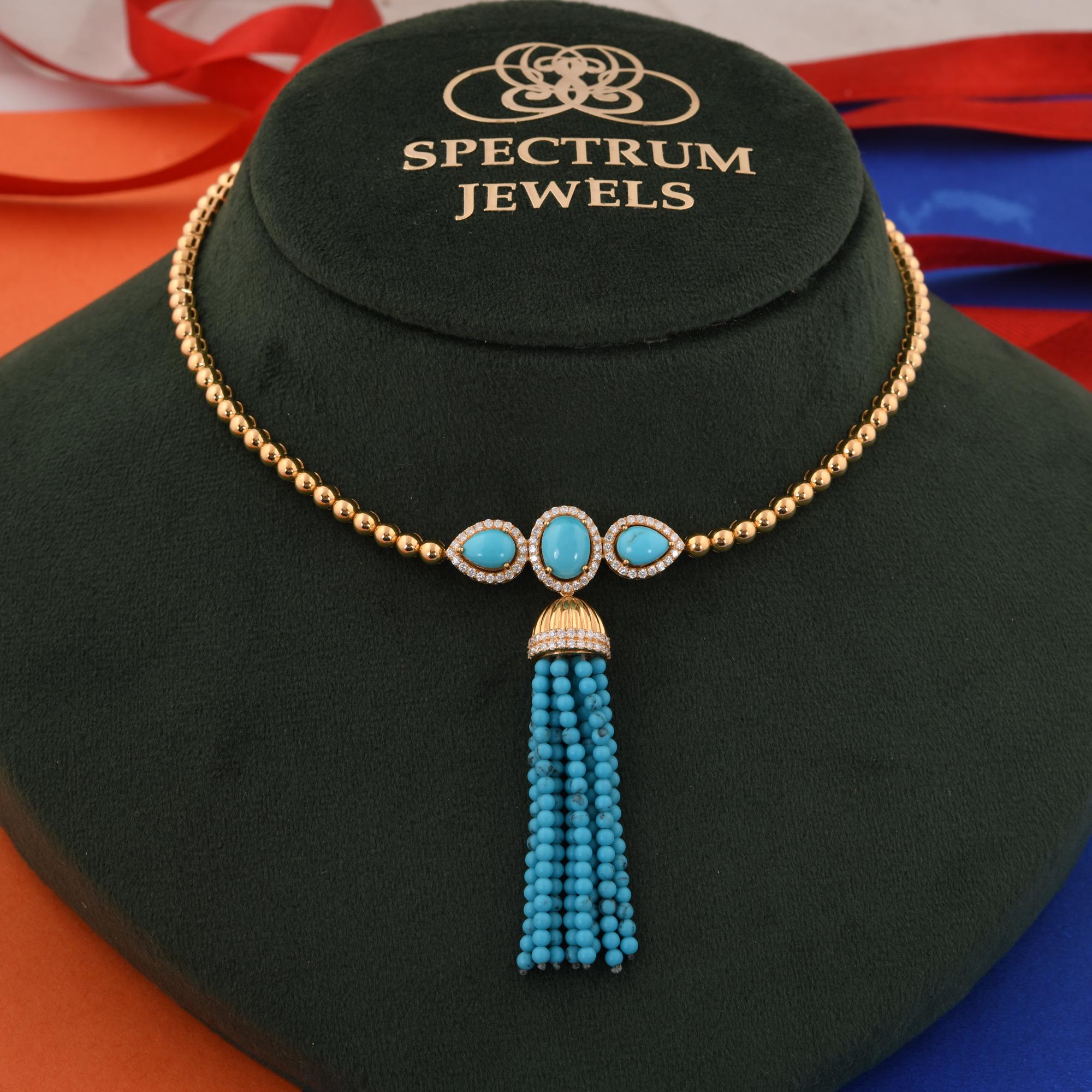 Arizona Turquoise Bead Tassel Pendant Necklace SI/H Diamond 18 Karat Yellow Gold In New Condition For Sale In Diera, Dubai