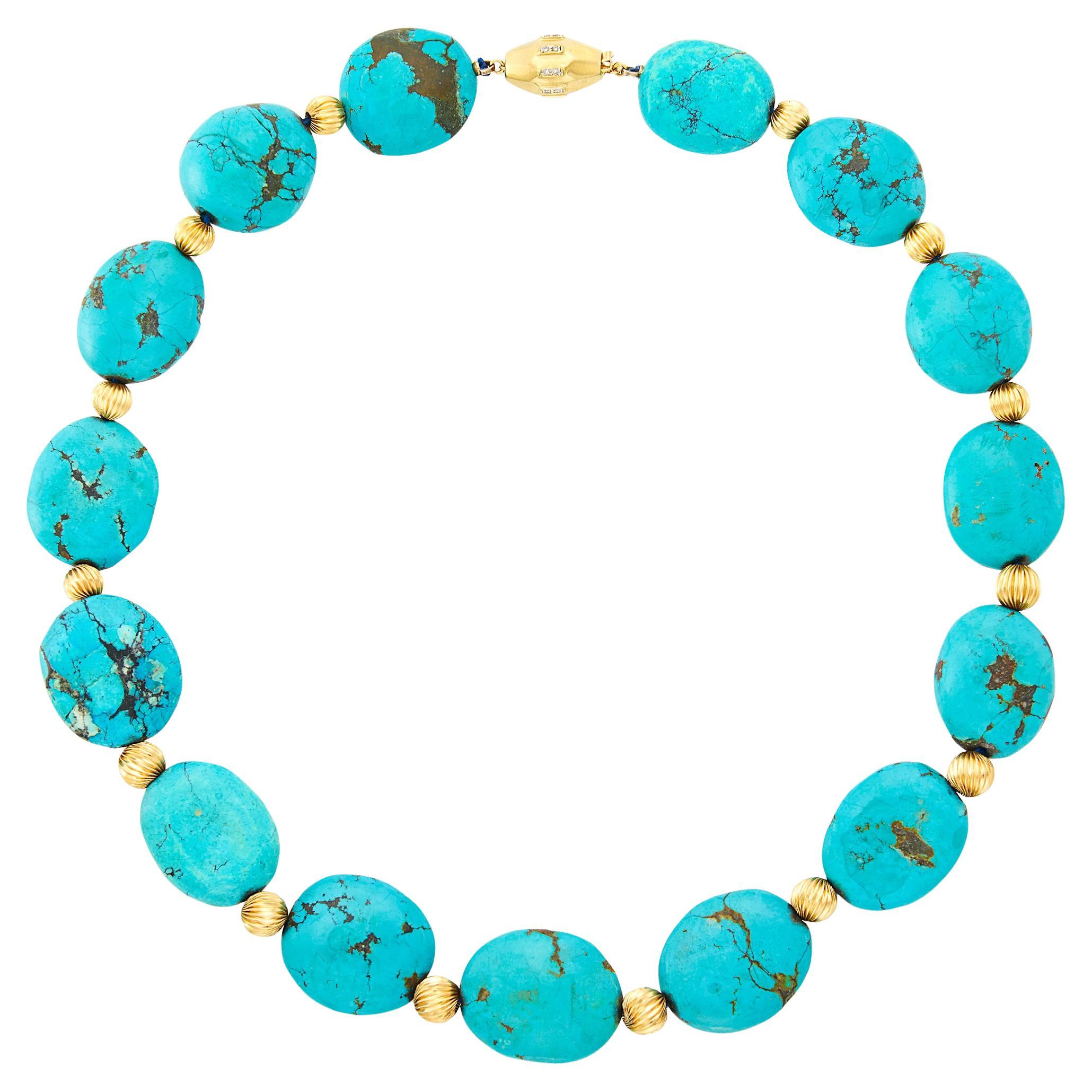 Turquoise Bead Gold and Diamond Necklace