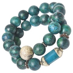 Turquoise Beaded Bracelets with Silver Elements and Vintage Jade Pair Of