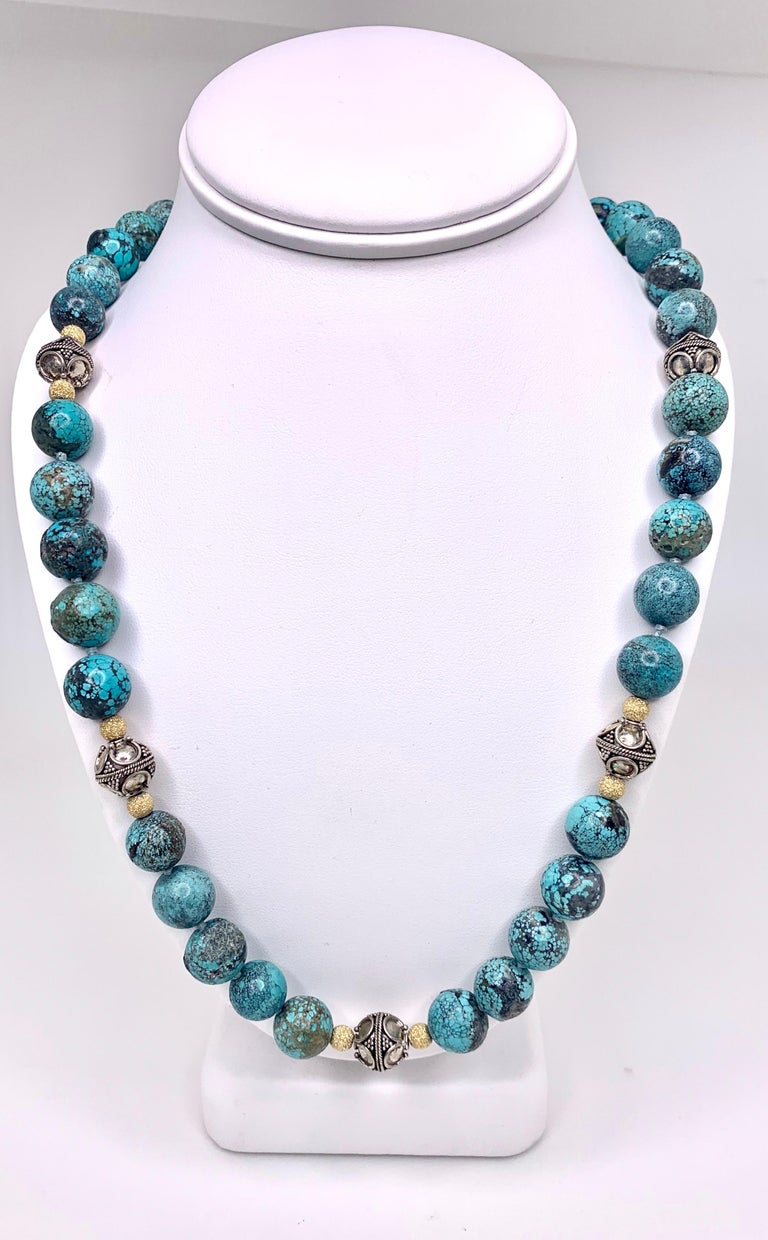 Turquoise Beaded Necklace with 14k Yellow Gold and Sterling Silver