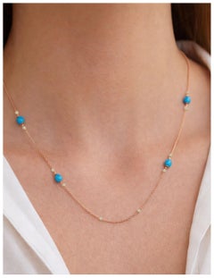 Perline di turchese Accenti di diamante Collana a catena Station in oro rosa 18 carati